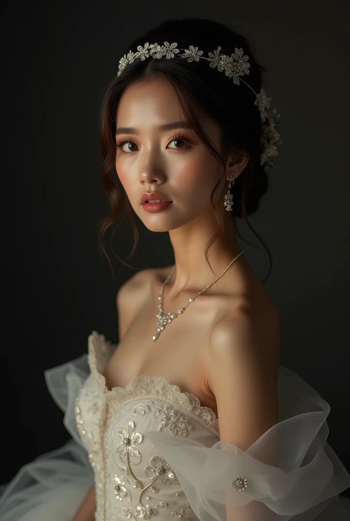 8K, Ultra-high resolution, best quality, masterpiece, Surreal, photo, 1 girl, (16 years old:1.3), pretty girl, Cute face, Beautiful eyes in every detail, 細かくdetailedに,masterpiece,Japanese female announcer,(masterpiece:1.21),(best quality:1.21),8K,detailedな,超detailed,Writing border depth,Wide Angle, Medium shot, Intermediate pose ,Full body hip lift pose , Above the knee position , A girl,Pretty Face,Elegant hands,Real skin texture,Solitary,Viewer,beauty的背景正在流行,(灰colorの背景のポートレートphoto),iris,Beautiful details,Random_color_Lipstick,Eyeliner,eyelash,Random_color_nail_Grinding,earrings,necklace,Metallic copper hair,Hair Bun,conceited,High-Key Lighting,shadow,Sexy pose、see through 、Looking at the audience、beauty,Long Neck、Smile、Please close your mouth and smile、(((Ideal body shape))),A cup small breasts :2,、image:2、Perfect anatomical structure、鮮明なdetailed、detailed、Surreal、光とshadow,glare,Fashion magazine cover,Thin lips