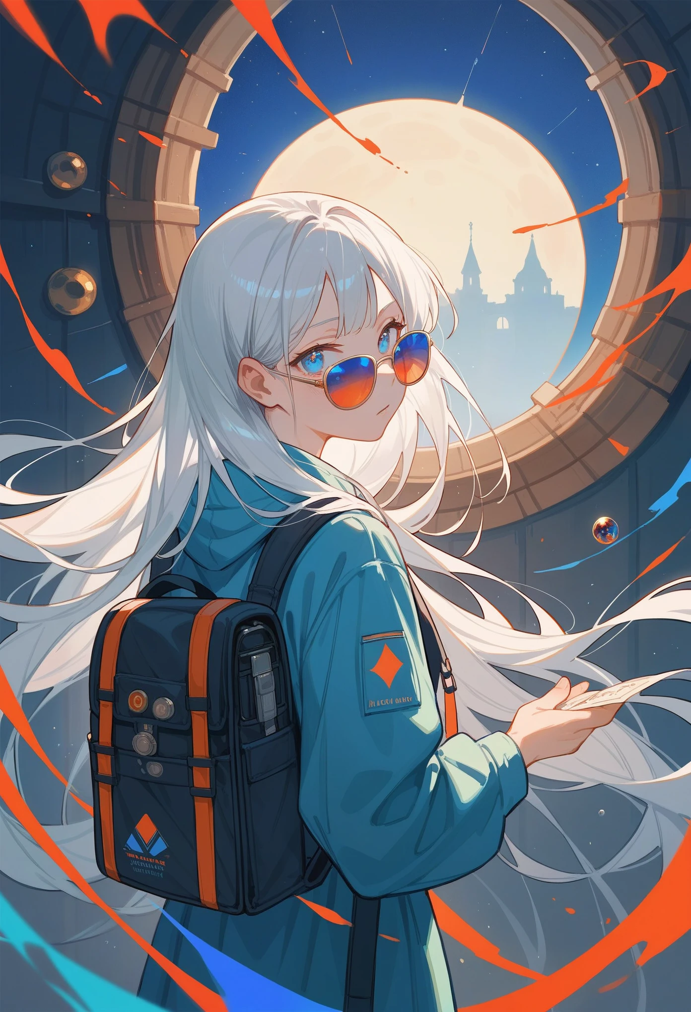 score_9, score_8_up, score_7_up, (masterpiece, UHD, 8K, 16K, ultra detailed), from behind, 1girl, long hair, silver hair, wearing a colorful sunglasses, blue eyes, beautiful eyes, wearing a backpack, looking at the viewer, (set inside a bedroom at night), a magic portals on the wall, diffused light, dramatic ambient