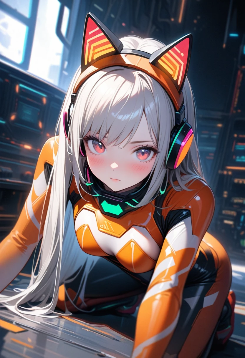  Best quality , ( ultra high resolution ),  smooth realism ,  1girl, One, ,  while kneeling: 1.2, seat on the ground, headphones on the neck, (( wearing cyber cat ears ,  fake animal ears ,  mechanical jumpsuit , cyber wear )),  detailed headset ,  looking at the viewer ,  blush , seat, closed mouth, cat&#39;s tail,  fluffy animal ears, blue cardigan,  black tights , (PAW Pose,  intricate details on hands ,  intricate details on fingers ,  5 fingers ),  ( Cinematic lighting), (futuristic background),  full-length view 