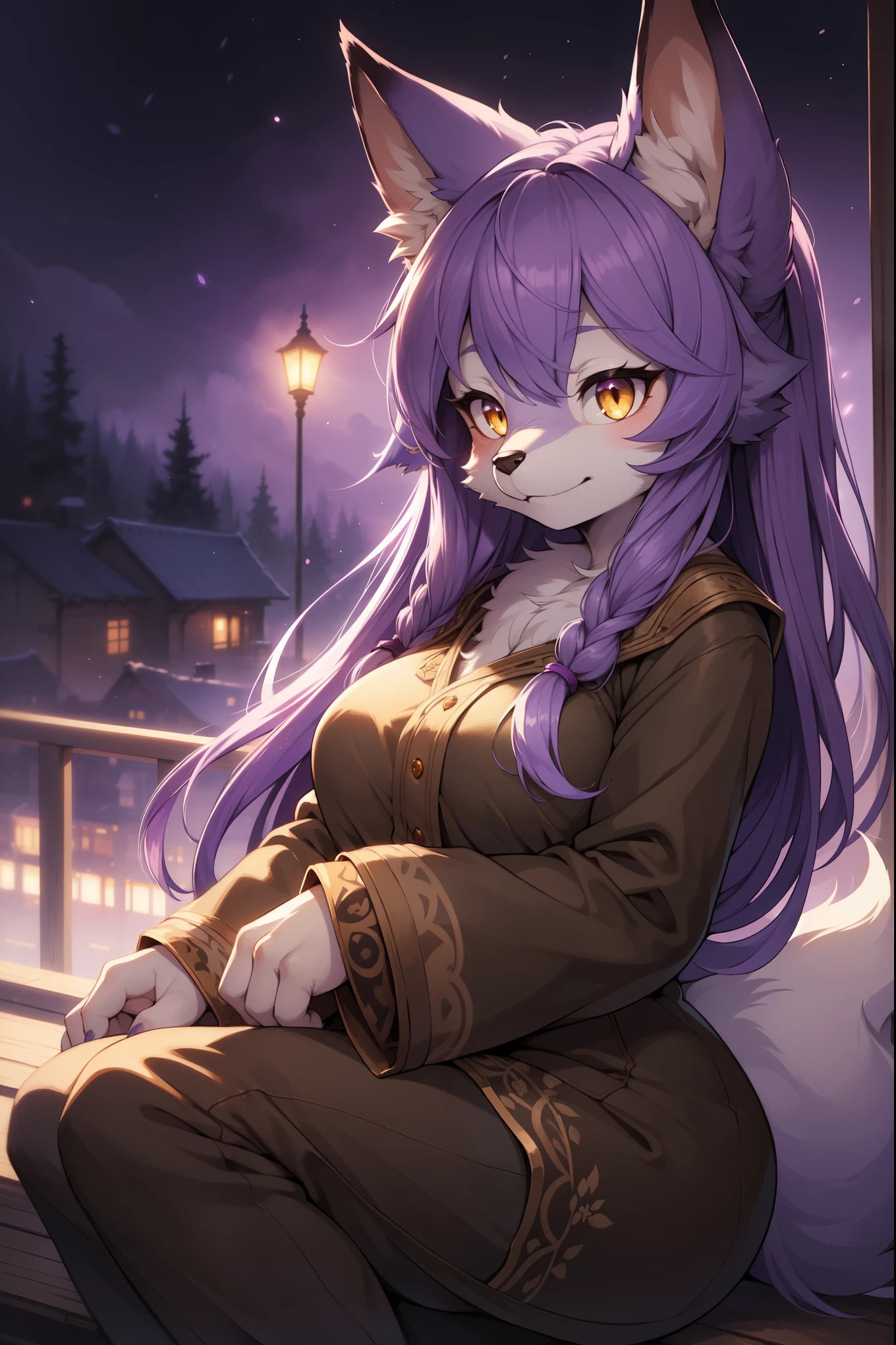 1girl, solo, (masterpiece, best quality:1.4), extremely detailed face, perfect lighting, <lora:GoodHands-beta2:0.5>, nice hands, perfect hands, <lora:naazaerisuis5v2:1>, naaza erisuis, naazadef, hair between eyes, dog ears, dog tail, dog girl, brown hair, short hair, braid curly hair, purple eyes, upper body, night, full moon, stars, wide shot, in frame, centered, scarf, multicolored clothes, multicolored shirt, long skirt, black skirt,