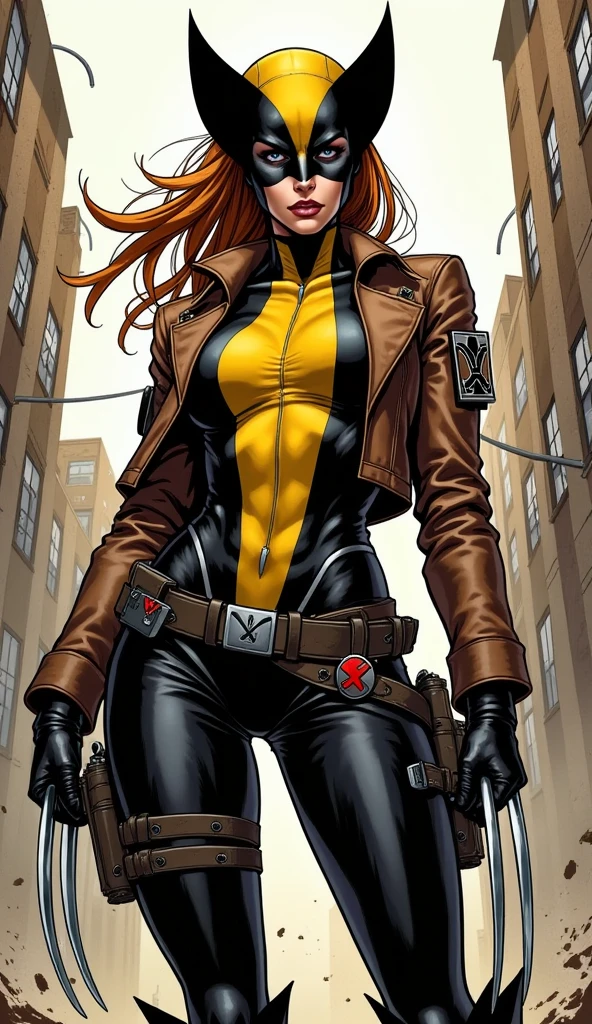 AidraFoxQuiron, big tits, corpo voluptuoso, long hair, multicolored hair, two-tone hair, dyed bangs, white hair, red hair, makeup, lipstick, headband, belt, bodysuit, sleeves rolled up, leather jacket, brown jacket, multicolored bodysuit, green bodysuit, yellow bodysuit, no meio de um quarto