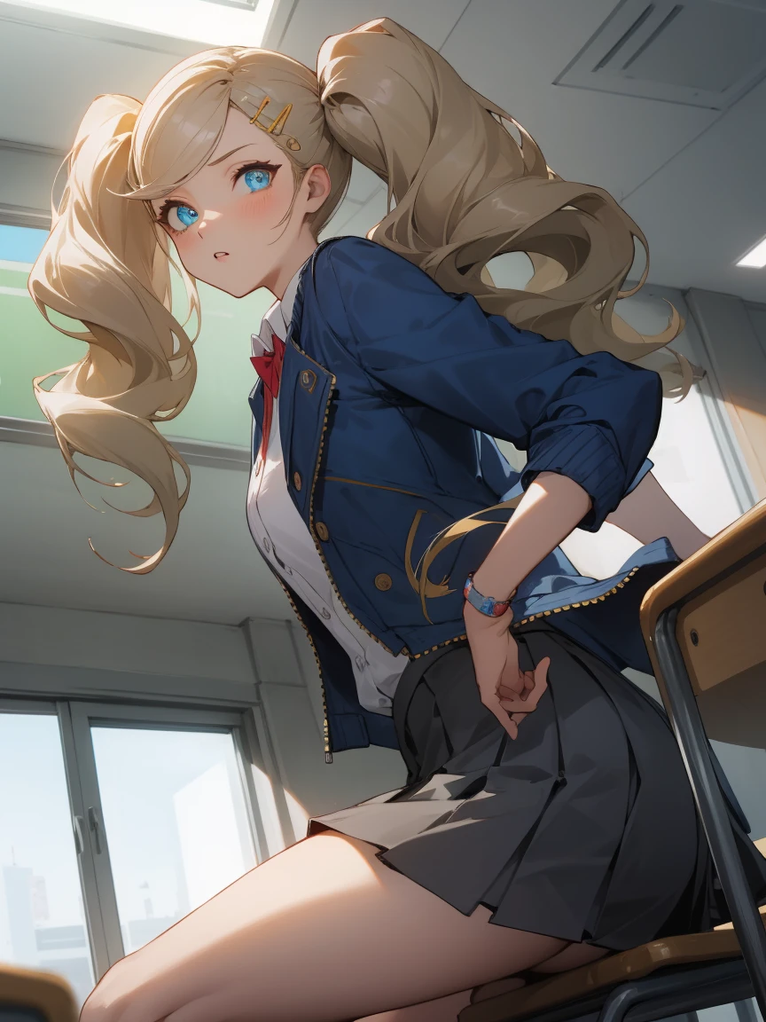 anntakamaki, anne takamaki, blonde hair, blue eyes, hair ornament, hairclip, long hair, swept bangs, twintails, wavy hair,
BREAK ((collared shirt, blue jacket, open jacket, long sleeves, grey skirt:1.2)),
BREAK looking at viewer,from below,Transparent buttocks,Butt crack emphasis,facing back,Pose with one leg slightly bent forward,
BREAK indoors, classroom,
BREAK (masterpiece:1.2), best quality, high resolution, unity 8k wallpaper, (illustration:0.8), (beautiful detailed eyes:1.6), extremely detailed face, perfect lighting, extremely detailed CG, (perfect hands, perfect anatomy),