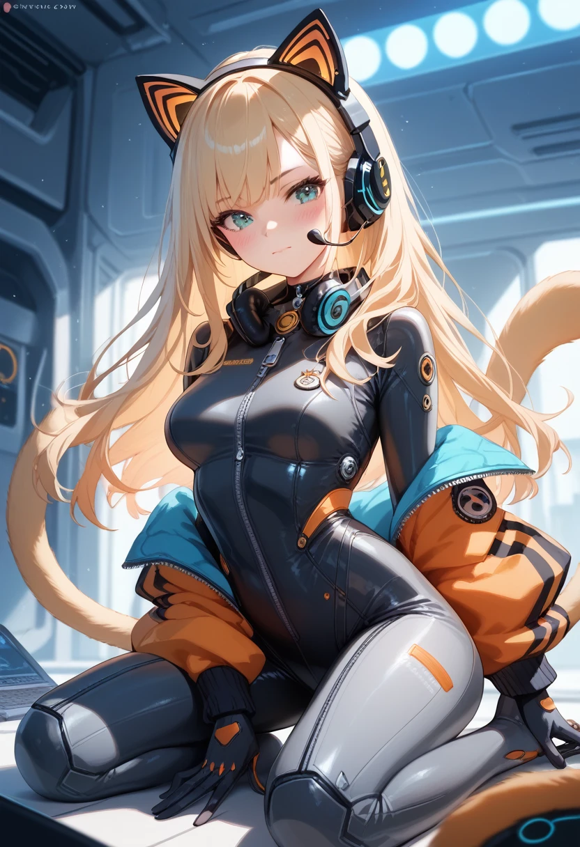 sex,  Best quality , ( ultra high resolution ),  smooth realism ,  1girl, One, ,  while kneeling: 1.2, seat on the ground, headphones on the neck, (( wearing cyber cat ears ,  fake animal ears ,  mechanical jumpsuit , cyber wear )),  detailed headset ,  looking at the viewer ,  blush , seat, closed mouth, cat&#39;s tail,  fluffy animal ears, blue cardigan,  black tights , (PAW Pose,  intricate details on hands ,  intricate details on fingers ,  5 fingers ),  ( Cinematic lighting), (futuristic background),  full-length view 