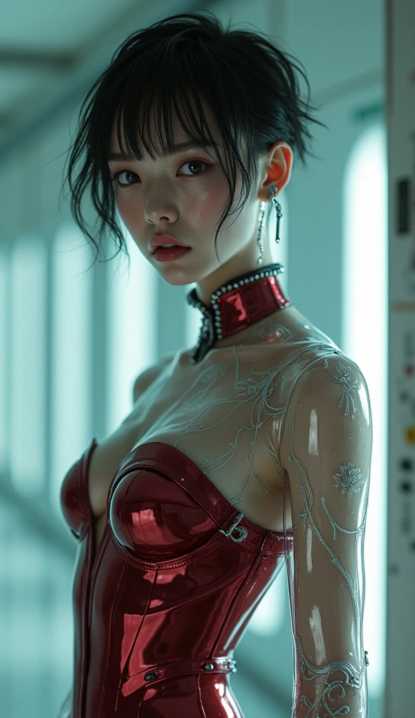 8K,RAW Photos,Highest quality,masterpiece,reality,reality的,Very detailed,woman,非常に美しいwoman,Android,cyborg,cyber-,slim,Long legs,(Glassボディ),((White and transparent body)),A glowing network of blood vessels is visible,インプラントcyber-システム,Connection line,Wet body,long wet hair,Advanced AI, (Seamless integration of organic and mechanical elements),element,Glass,Big Bubbles,future,Glamour,Large Breasts,Blood consumption,Live Action,((under water)),