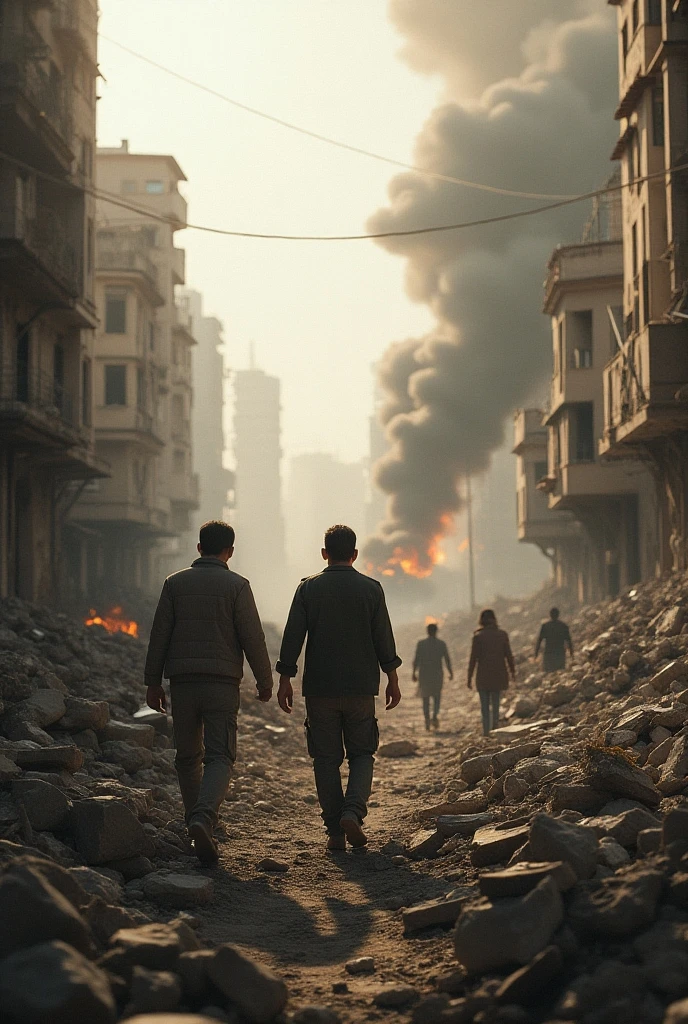 photo, a group of people walking down a street next to a pile of rubble  (WarTorn style:1) <lora:djzWarTornV21:1>