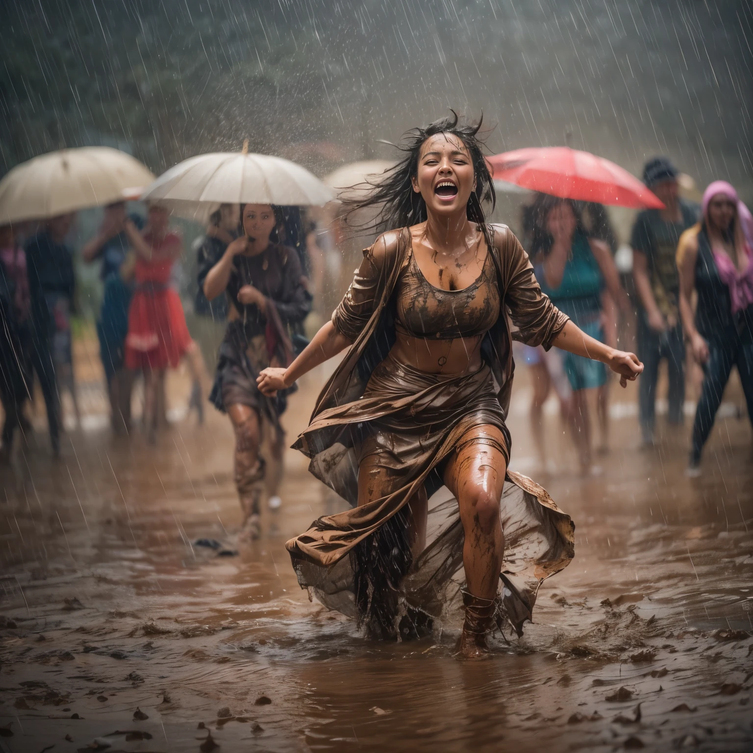 ((best quality)), ((masterpiece)), (detailed), women performing rain dance, desert, muddy ground, stormy skies, heavy downpour, falling rain, rain drops, celebration dance, wet clothes, wet bodies, wet hair, dramatic lighting, winds, rain, mud, splash mud drops