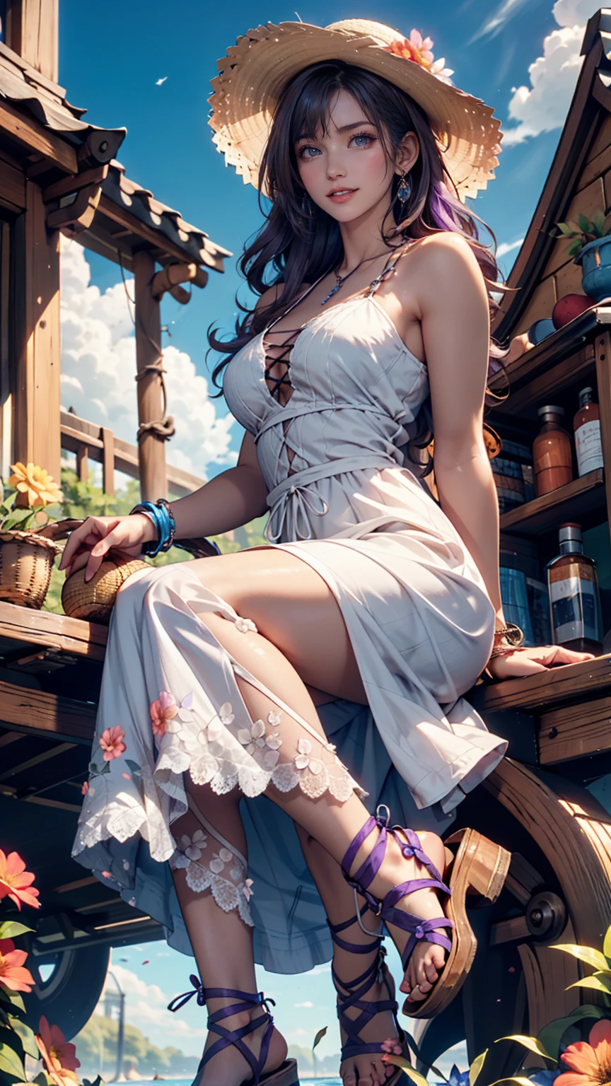 24-year-old woman、Indigo Hair、semi-long、Straw hat、White summer dress decorated with lace、Lace-up sandals、Taketomi Island、Landscape with stone walls、Red hibiscus、Summery blue sky