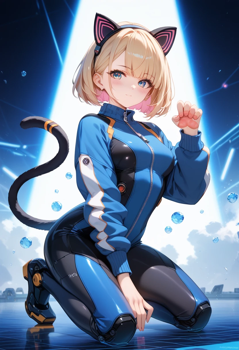 Unfastened zipper , sex,  Best quality , ( ultra high resolution ),  smooth realism ,  1girl, One, ,  while kneeling: 1.2, сидение on the ground, (( wearing cyber cat ears ,  fake animal ears ,  mechanical jumpsuit , cyber wear )),  looking at the viewer,  blush , closed mouth, cat&#39;s tail,  fluffy animal ears, blue cardigan,  black tights , (PAW Pose,  intricate details on hands ,  intricate details on fingers ,  5 fingers ),  ( Cinematic lighting ), (futuristic background),  full-length view 