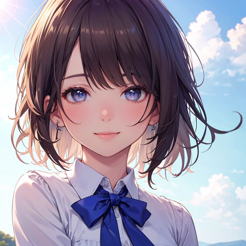 No background,Black and white depiction,high school girl,short hair,smile,Glitter effect,highest quality, 4K, 8k, High resolution, masterpiece:1.2, Very detailed, Realistic:1.37, High resolution, 超High resolution, Ultra-fine painting, Sharp focus, Physically Based Rendering, Very detailedな説明, Professional