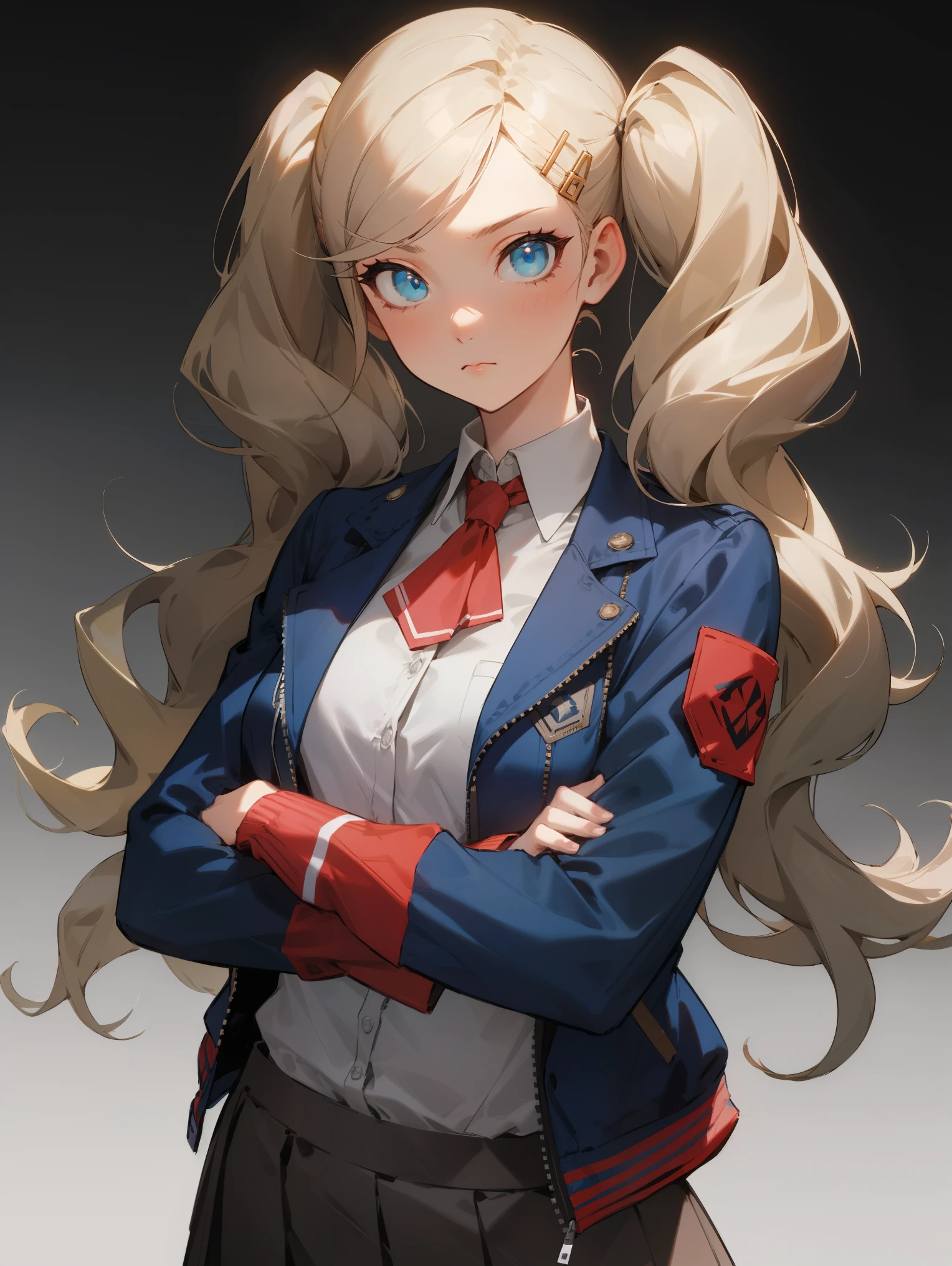 anntakamaki, anne takamaki, blonde hair, blue eyes, hair ornament, hairclip, long hair, swept bangs, twintails, wavy hair,
BREAK ((collared shirt, blue jacket, open jacket, long sleeves, grey skirt:1.2)),
BREAK cowboy shot, expressionless, closed mouth, looking at viewer, crossed arms, NSFW,
BREAK (masterpiece:1.2), best quality, high resolution, unity 8k wallpaper, (illustration:0.8), (beautiful detailed eyes:1.6), extremely detailed face, perfect lighting, extremely detailed CG, (perfect hands, perfect anatomy),