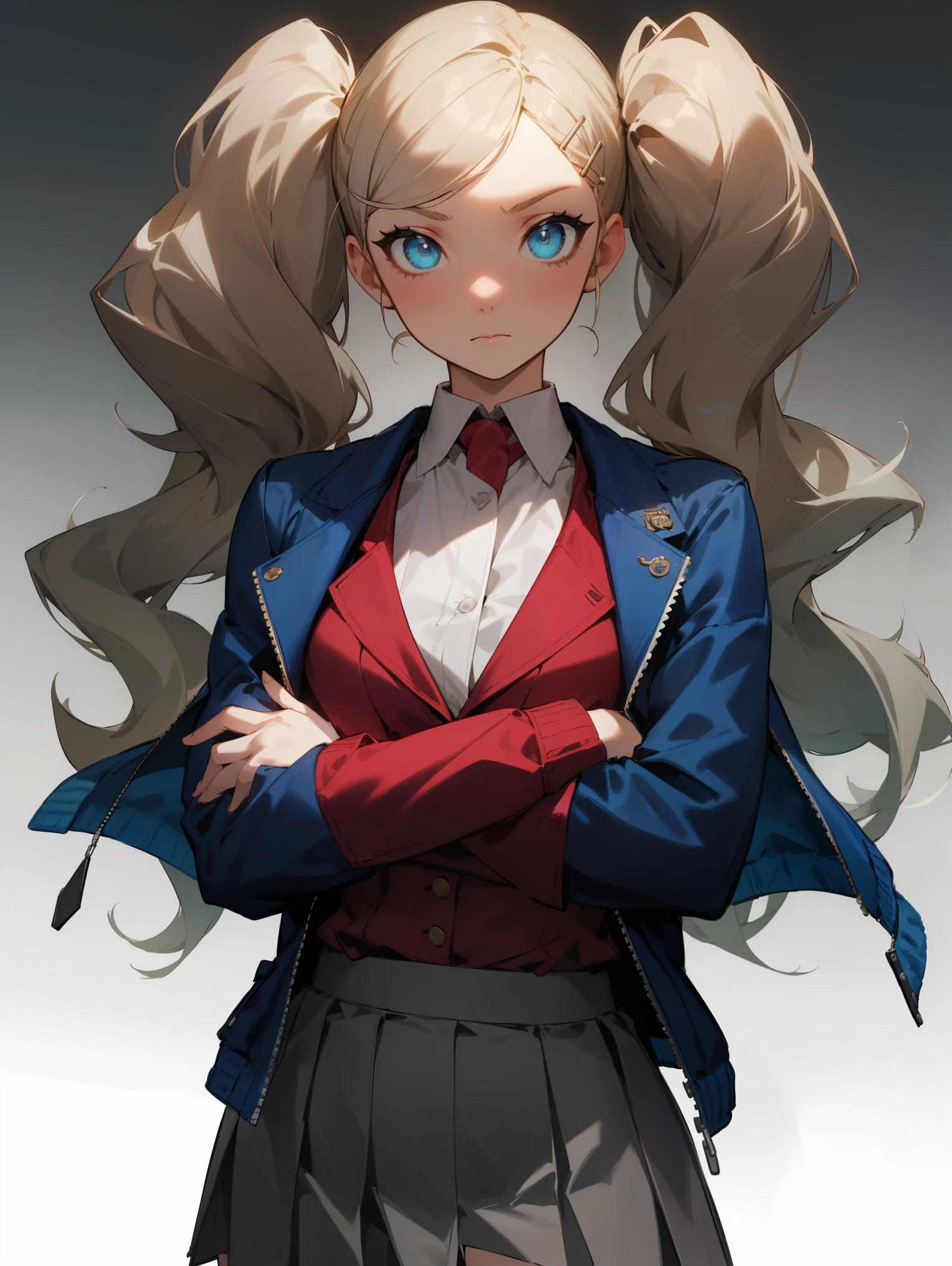 anntakamaki, anne takamaki, blonde hair, blue eyes, hair ornament, hairclip, long hair, swept bangs, twintails, wavy hair,
BREAK ((collared shirt, blue jacket, open jacket, long sleeves, grey skirt:1.2)),
BREAK cowboy shot, expressionless, closed mouth, looking at viewer, crossed arms, NSFW,
BREAK (masterpiece:1.2), best quality, high resolution, unity 8k wallpaper, (illustration:0.8), (beautiful detailed eyes:1.6), extremely detailed face, perfect lighting, extremely detailed CG, (perfect hands, perfect anatomy),