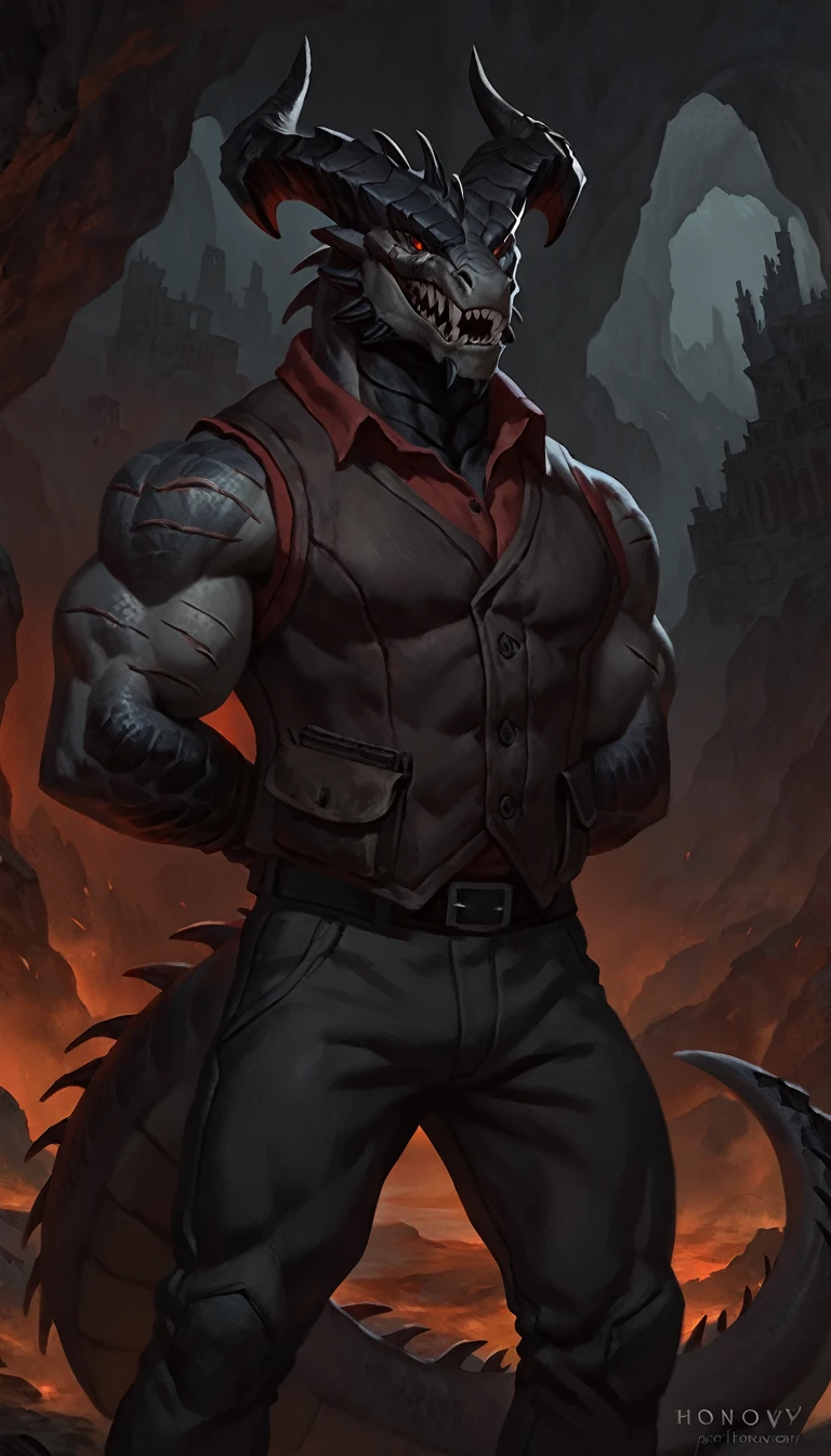 dragon like anthro lizard, hands behind back, anthro dragon, solo, portrait, scaly, detailed scales, experienced predator, dragonic, monster, mercenary, grin, open mouth, black scaly body, matte body, toned, muscular anthro, big muscles, big horns, wearing vest and pants, wearing red shirt, detailed scales, scars on body, 1male solo, anthro, muscular, thick neck, thick tail, marked jaw, Helltaker style, underground cave city background, darkness, horror, best quality, 4k, ultra-detailed, by laobai, by taran fiddler, by honovy