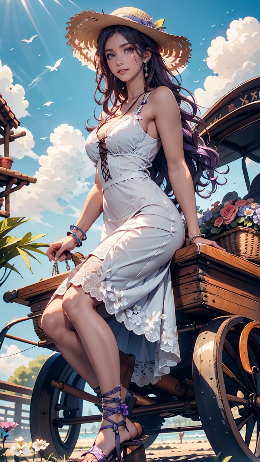  wooden wagon with flowers in full bloom 、24 year old Caucasian female、purple hair purple eye makeup 、 long lashes、 lip gloss、 semi-long hair 、 wide-brimmed straw hat with flower decoration、Summer Dresses、 Lace-Up Sandals、 silver accessory on the wrist 、blue sky、cloud、smile