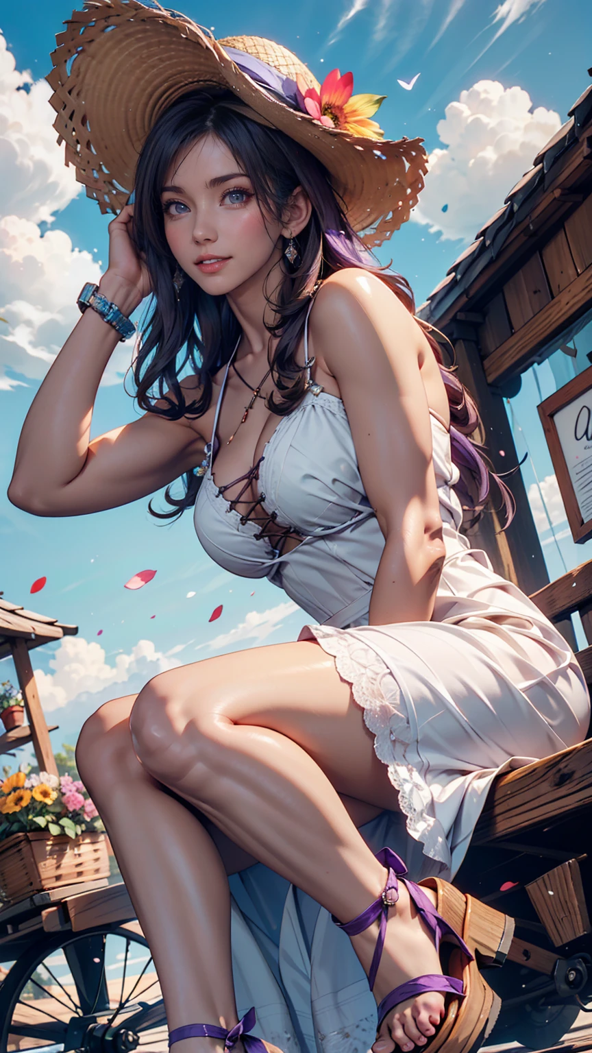  wooden wagon with flowers in full bloom 、24 year old Caucasian female、purple hair purple eye makeup 、 long lashes、 lip gloss、 semi-long hair 、 wide-brimmed straw hat with flower decoration、Summer Dresses、 Lace-Up Sandals、 silver accessory on the wrist 、blue sky、cloud、smile