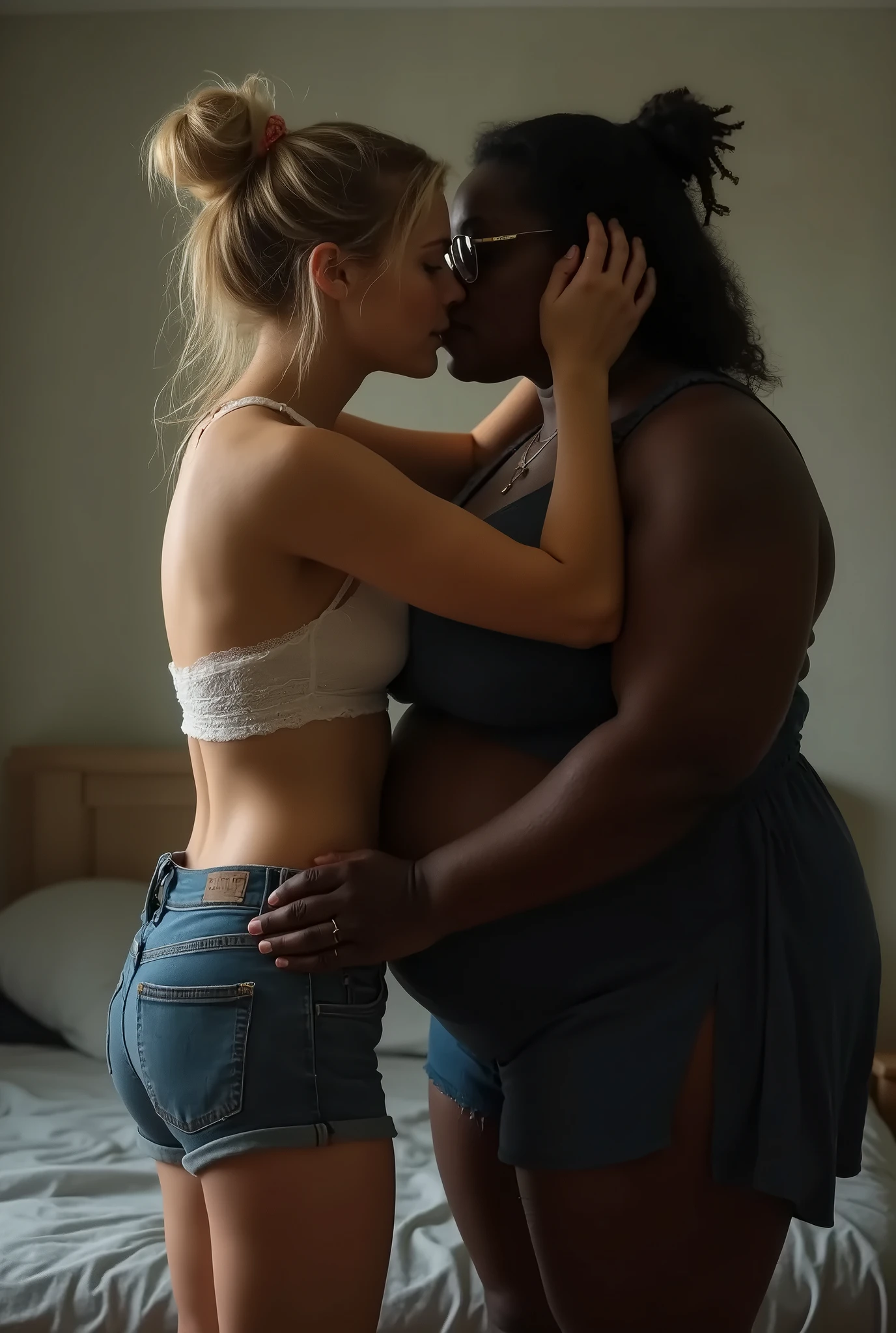 Create a photo of a single young woman aged 25, com pele branca e clara, slender and beautiful body, long light hair, Wearing pink lace panties, and his white shirt is being lifted by a 90 year old woman, obese, dark black skinned, shorth hair, with glasses and wearing a black dress who is putting his hand inside the young woman's panties