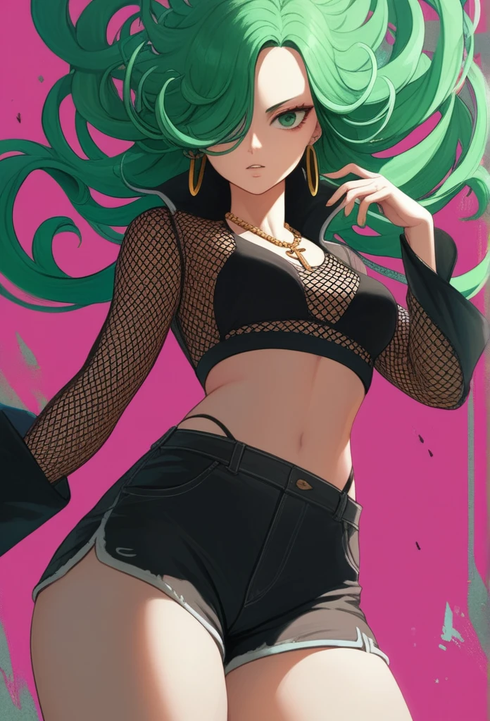 tatsumaki,green hair,green eyes, very long hair,Wavy hair,medium breast , black bra, long sleeves, mesh crop top, shorts,black shorts,
highleg panties , earrings,hoop earrings,cross necklace,jewelry,poese.medium breasts
High Resolution, Masterpiece, High Quality,fourhead,
High Details, Super Detailed hair, Best Quality, Detail, High Details,(Hair Over One Eye, Straight Hair,) boa Hancock 