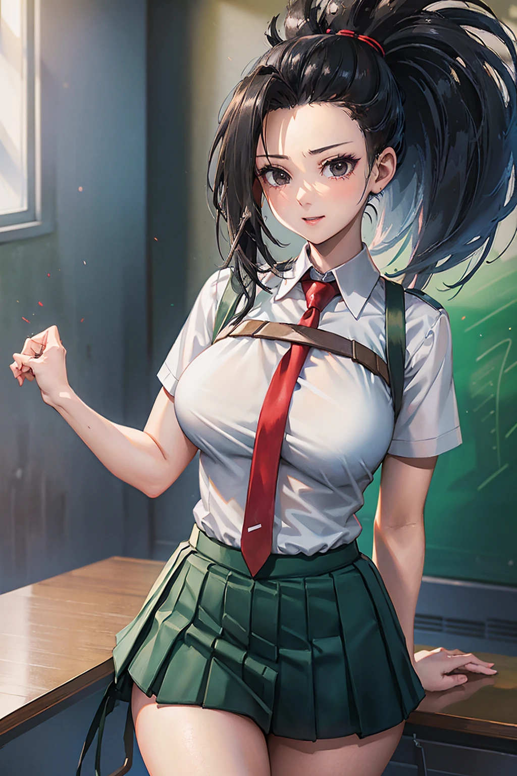  masterpiece ,  The best quality, highres, 1 girl,  yaoyorozu momo ,  black hair , collect,  tied hair ,  black eyes , medium breasts ,  SCHOOL UNIFORM,  white shirt ,  collared shirt, short sleeves, red tie,  green skirt , Standing, cowboy shot, inside, classroom, (very low cut) (tight) (excited) (very low cut)