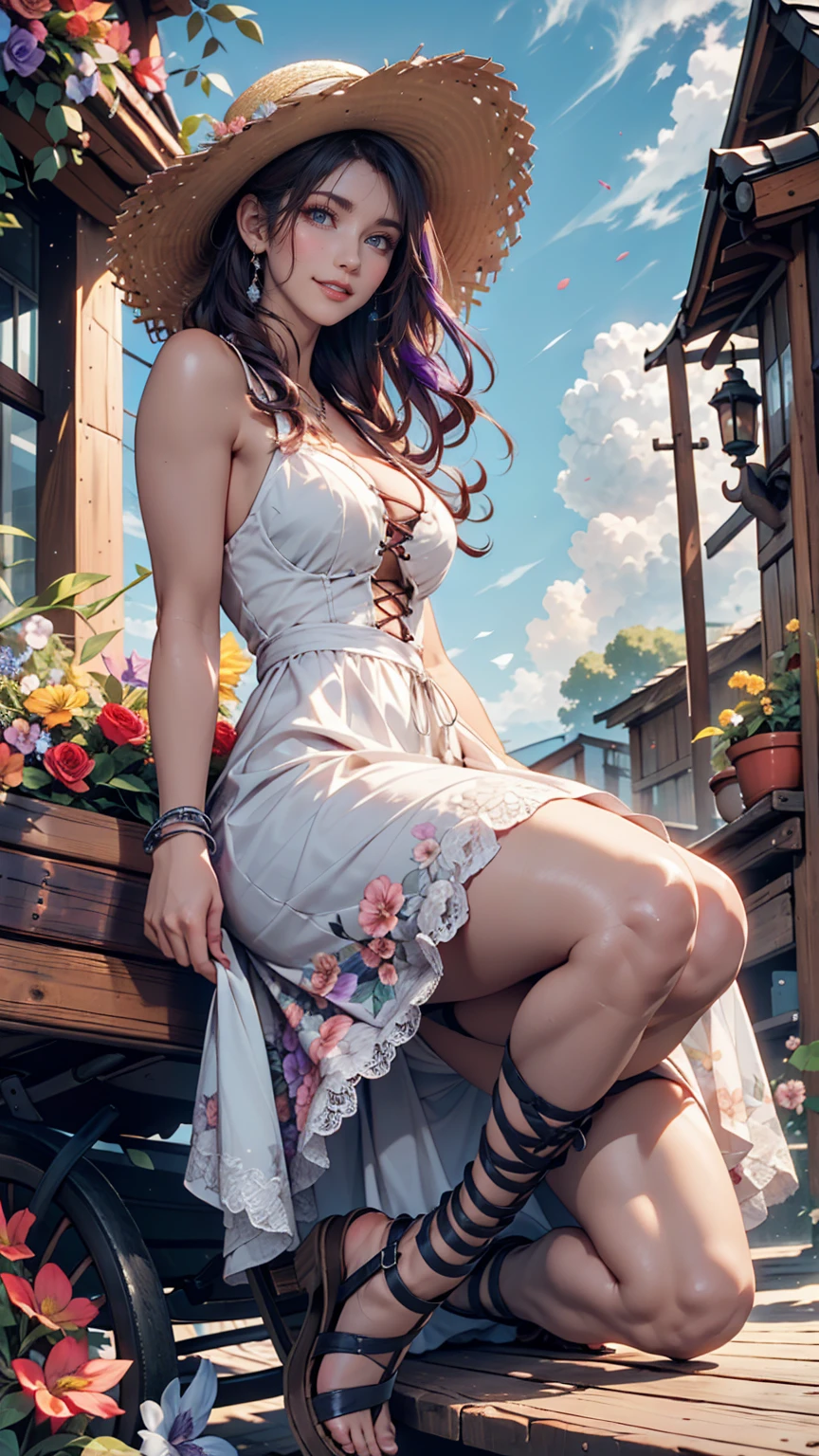  wooden wagon with flowers in full bloom 、24 year old Caucasian female、purple hair purple eye makeup 、 long lashes、 lip gloss、 semi-long hair 、 wide-brimmed straw hat with flower decoration、Summer Dresses、 Lace-Up Sandals、 silver accessory on the wrist 、blue sky、cloud、smile