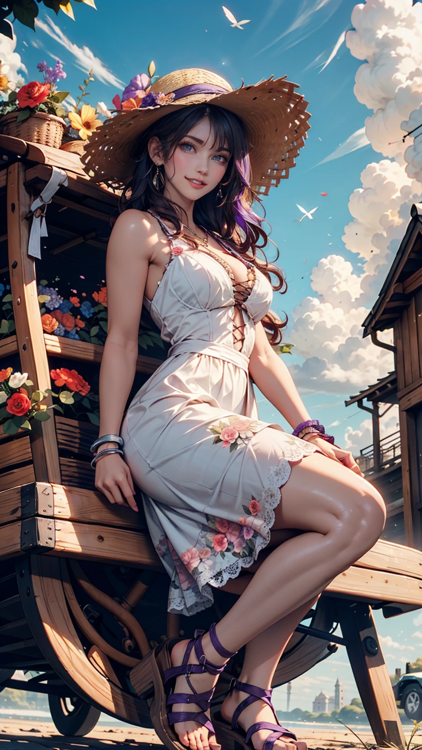  wooden wagon with flowers in full bloom 、24 year old Caucasian female、purple hair purple eye makeup 、 long lashes、 lip gloss、 semi-long hair 、 wide-brimmed straw hat with flower decoration、Summer Dresses、 Lace-Up Sandals、 silver accessory on the wrist 、blue sky、cloud、smile