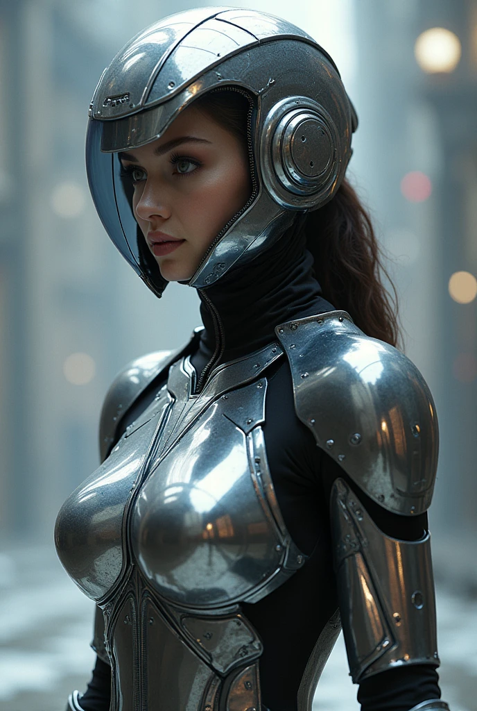 An epic and visually stunning digital artwork featuring a female Astro Marine in her mid-30s with a full Astro Marine helmet and a flat male chest. The character is adorned in a sci-fi tactical armored overcoat, the armor on the upper arms and shoulders beautifully engraved. The image shows the beauty and elegance of the character, capturing its whimsical essence and heavy tactical gothic aesthetic. O personagem tem olhos brilhantes e penetrantes, beautifully rendered in brass, que se destacam na viseira do capacete.. The character also has androgynous features, with slender physique, mas fortemente musculoso, sylph-like with a beautiful feminine waist and toned cybernetic arms, mas lindamente elegantes, Gothic tribal markings running up the abdomen and down the arms, adding to your unique appearance, olhos extremamente bonitos, olhos extremamente detalhados