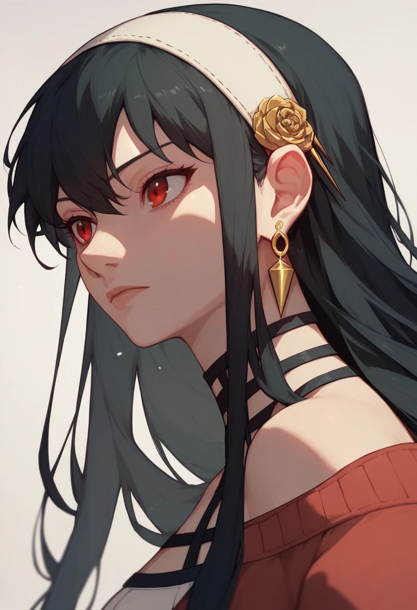 yor briar, black hair, red eyes, earrings, white hairband, hairband, long hair, sidelocks,
