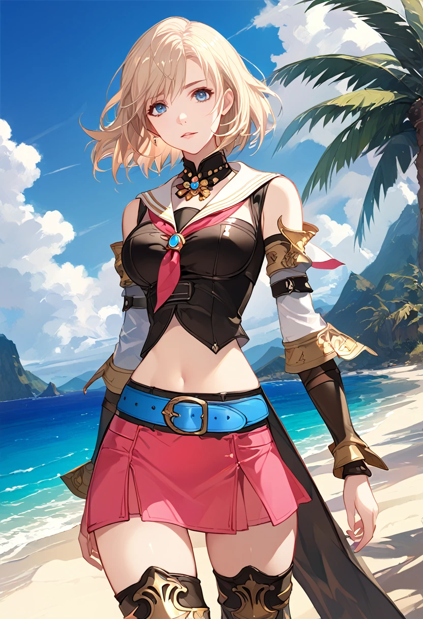 masterpiece, best quality, 8k, 4k, 1girl, ashelia final fantasy xii, Ashelia, short hair, pale blonde hair, blue eyes, white detached sailor like collar, round brooch, gold brooch with pink and blue jewel, white shirt, longer side shirt, cleavage, midriff, detached sleeves, bracer, black corset, reddish pink skirt, microskirt, pink skirt, super tight skirt, blue belt, black high thigh with gold pattern , gold boots, slim body, looking at viewer, standing nicely, wind blowing, finely detailed eyes and detailed face, face detailed, hair detailed, clothes detailed, ((high quality)), extreme detail, beach sand, palm tree, calm water, high hills overlooking the sea, hollowed hills,  inspired by Asukaziye artist : ask, art style : ask