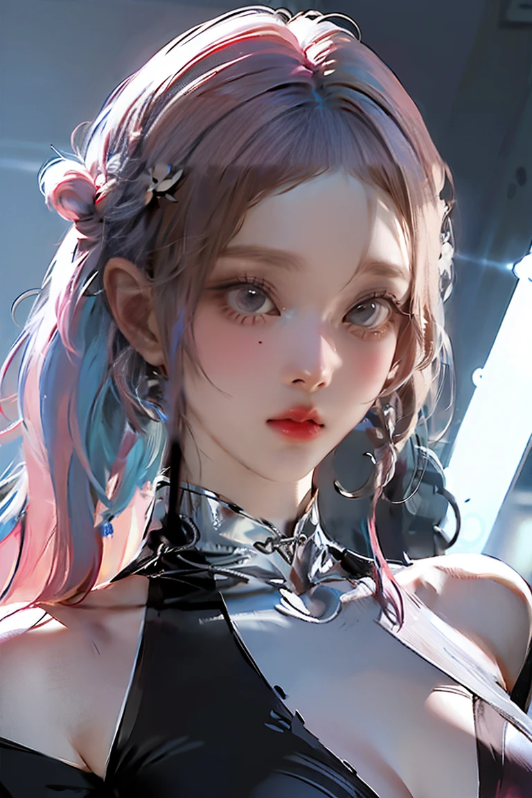 (masutepiece, Best Quality, Night:1.4), (Cowboy Shot, Silver hair:1.9), 8K, absurderes, Beautiful Girl, (wearable computer:1.4), Cyberpunk, Cybergoth, (cyberpunkoutfit, fluorescence pink accent, glowing pink lines on short jacket:1.5), neons, bracelets and choker, (blazing, Glow, Film grain, chromatic abberation:2), (asian shopping district, Street, Buildings, Skyscraper:1.2), makeup, (cyan earrings:1.3), Sharp Focus, Dark background, Perspective, depth of fields, (very small mechanical device, Rain, nffsw, face lights, Sharp Focus, Dynamic lighting, Cinematic lighting, Professional Shadow, ighly detailed, finely detail, Real Skin:0.8), (Detailed eyes, Sharp pupils, Realistic pupils, dark backgrounds:0.6), (glitch effect:0.8)、a miniskirt、huge tit