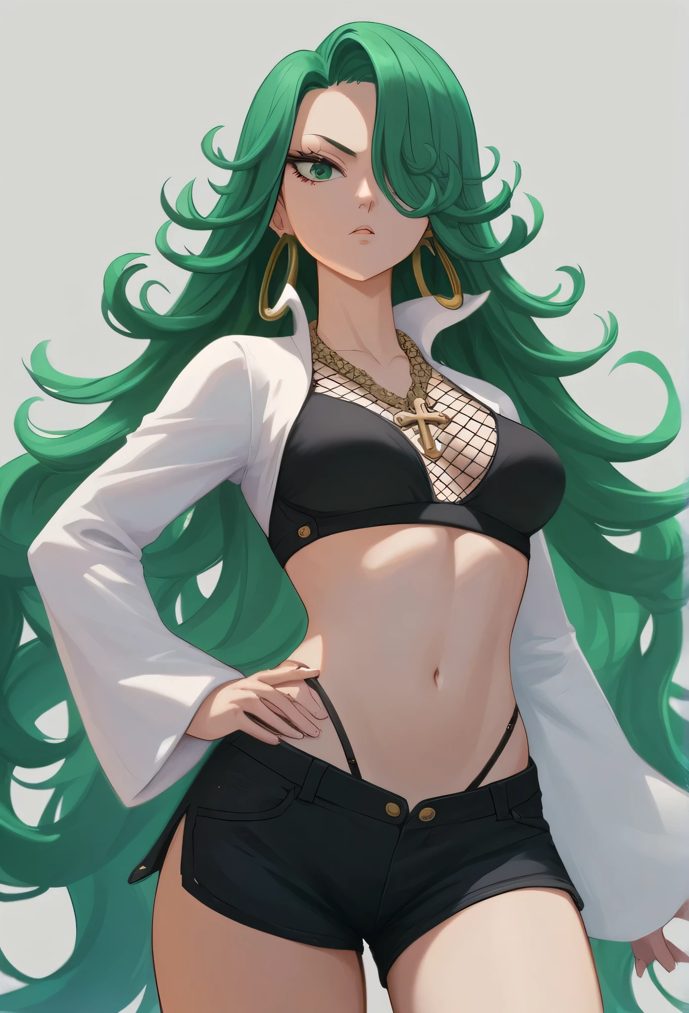 tatsumaki,green hair,green eyes, very long hair,Wavy hair,medium breast , black bra, long sleeves, mesh crop top, shorts,black shorts,
highleg panties , earrings,hoop earrings,cross necklace,jewelry,poese.medium breasts
High Resolution, Masterpiece, High Quality,fourhead,
High Details, Super Detailed hair, Best Quality, Detail, High Details,(Hair Over One Eye, Straight Hair,) boa Hancock