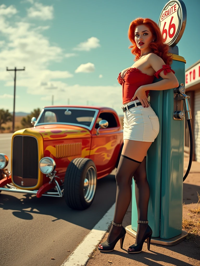 Wide-angle shot of a sizzling 1950s scene: a ravishing redheaded pin-up girl stands provocatively by a vintage gas pump at a full-service station on America's iconic Route 66. Her luscious locks are styled in a nostalgic '50s pin-up art flair, accentuating her hourglass figure and curvaceous silhouette. She sports a fitted white skirt, a bold red blouse with tantalizing cleavage, and black pantyhose with a garter belt and ankle-strap heels. The stunning roadster, a 1932 Ford hot rod, gleams in the sunlight, its orange and yellow flames burning bright against the backdrop of Route 66's open highway. retina, accurate, masterpiece, super detail, high details, best quality, award winning, highres, HD, 4K, 8k, 16k, realistic