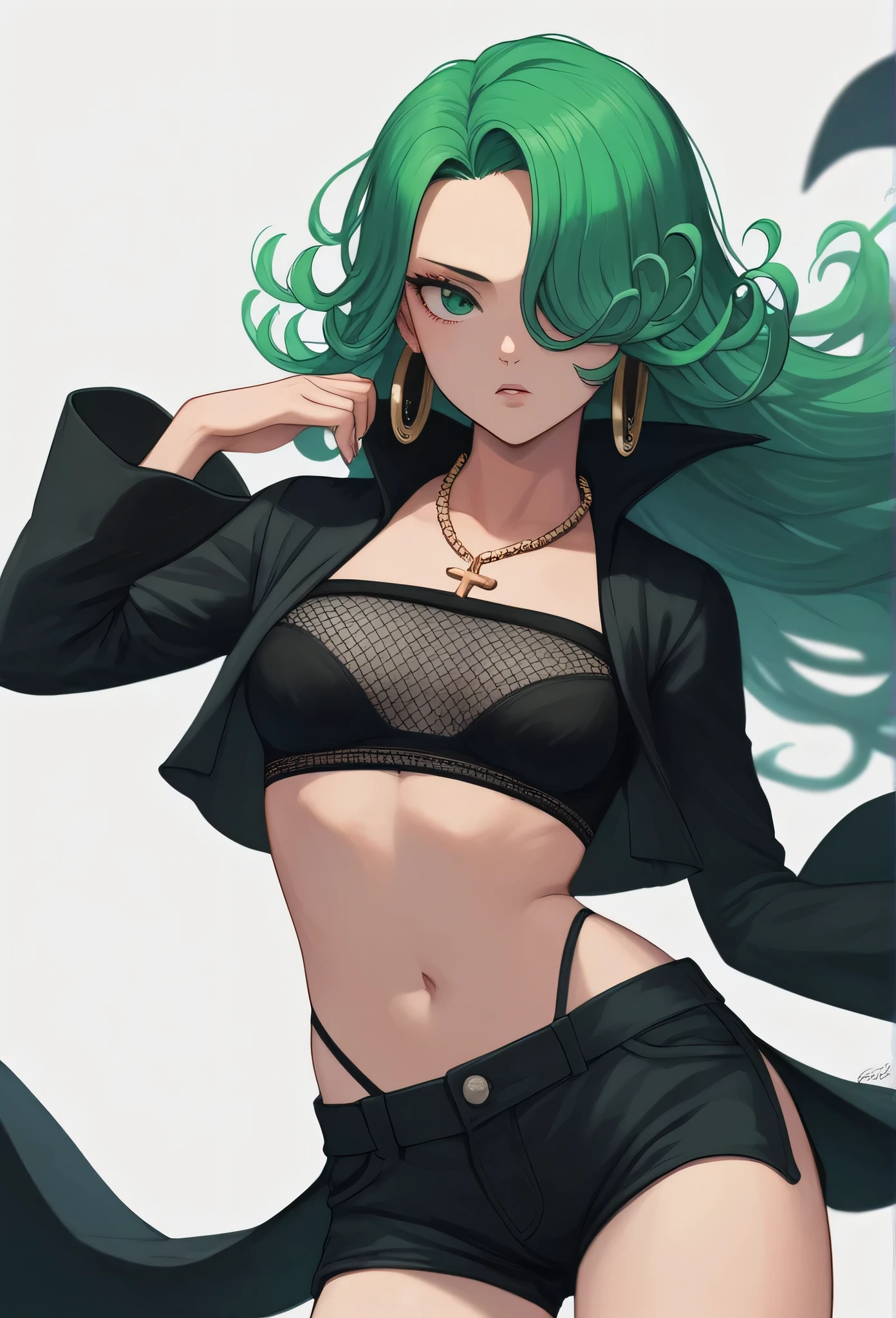 tatsumaki,green hair,green eyes, very long hair,Wavy hair,medium breast , black bra, long sleeves, mesh crop top, shorts,black shorts,
highleg panties , earrings,hoop earrings,cross necklace,jewelry,poese.medium breasts
High Resolution, Masterpiece, High Quality,fourhead,
High Details, Super Detailed hair, Best Quality, Detail, High Details,(Hair Over One Eye, Straight Hair,) boa Hancock