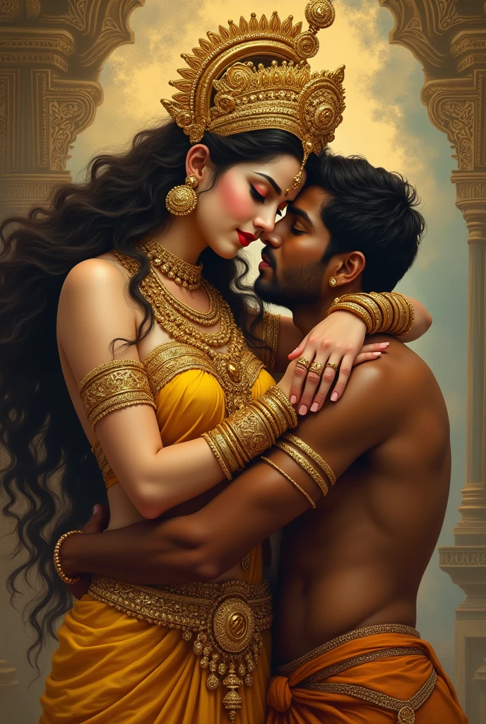 Painting of a sensual desi dusky couple and their intense love, she's lying down completely nude sexy busty woman with good curves and amazingly beautiful , a thin waist chain, a man with beard wearing just a thin cloth around his waist massaging her body with oil, an intense painting with love and lust, extremely detailed, intricate details, intensely lustful smile and ambiance,