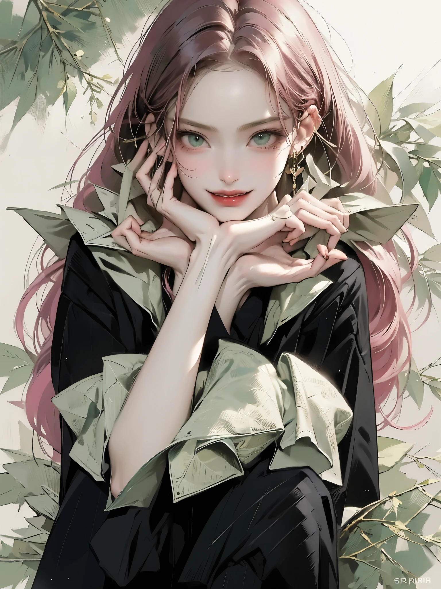 best quality, highres, a girl, cheerful grin, making a heart with hands, semi long, pink hair, green eyes, fair skin, teenager,イラストレーション,