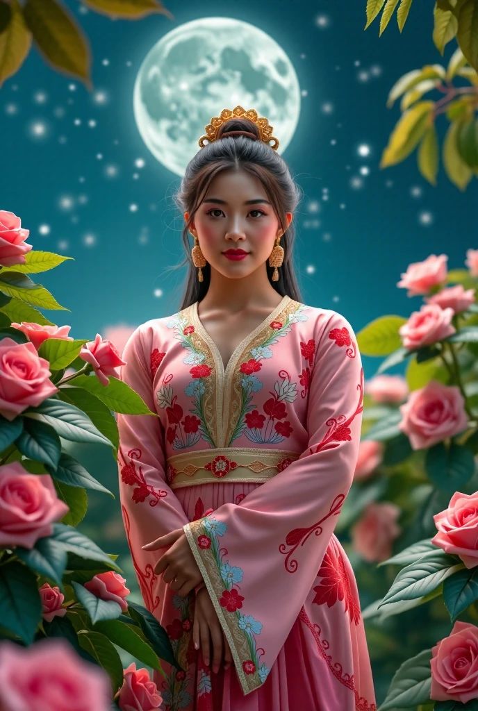 Under a starlit sky, a woman with exotic features stands in a lush garden, her attire adorned with intricate patterns. The aura of "Milady Chu" blends elegance and cultural richness. Delicate flowers bloom around her, symbolizing beauty and strength, while the faint rustle of leaves transports viewers to a world filled with enchantment and allure.