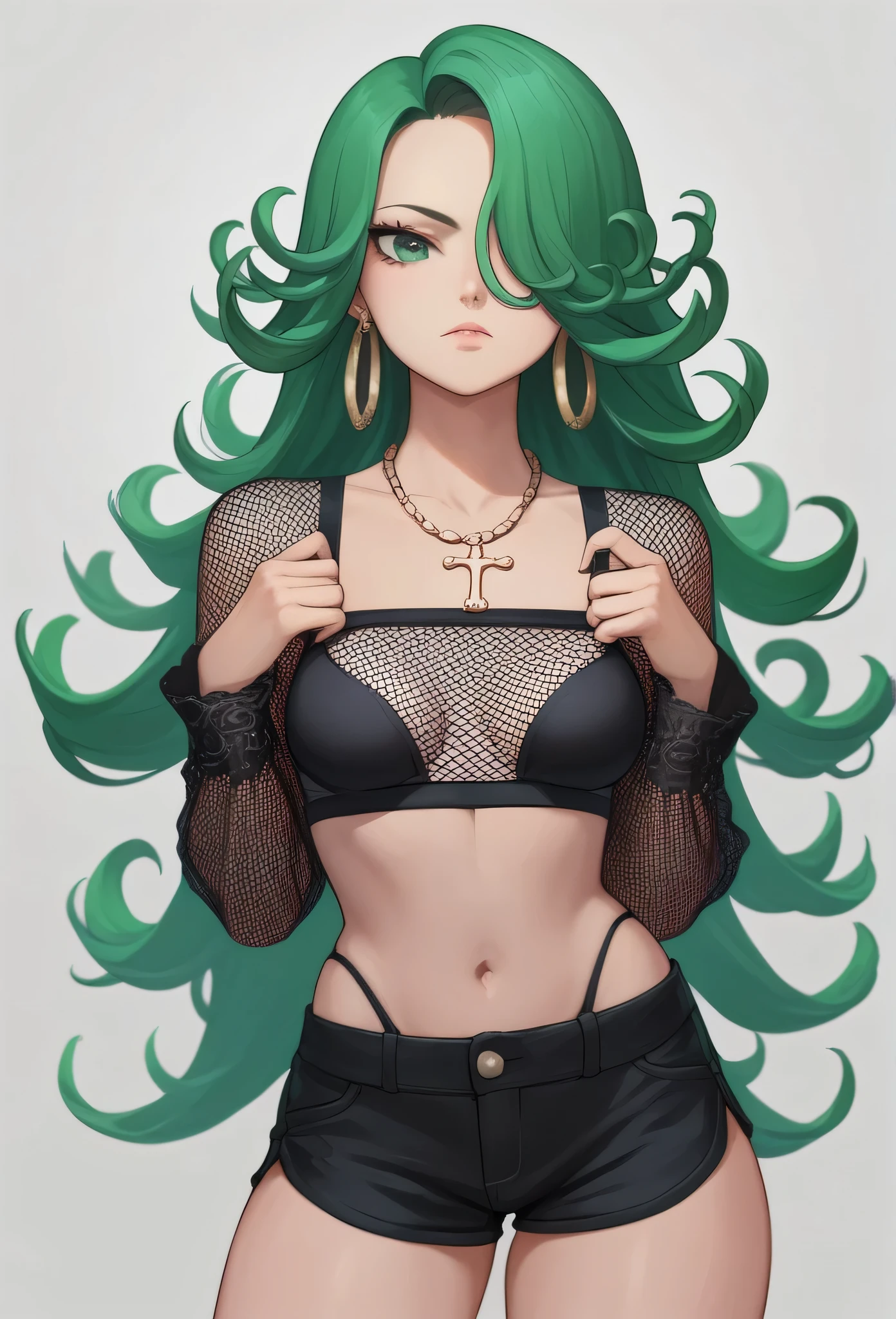 tatsumaki,green hair,green eyes, very long hair,Wavy hair,medium breast , black bra, long sleeves, mesh crop top, shorts,black shorts,
highleg panties , earrings,hoop earrings,cross necklace,jewelry,poese.medium breasts
High Resolution, Masterpiece, High Quality,fourhead,
High Details, Super Detailed hair, Best Quality, Detail, High Details,(Hair Over One Eye, Straight Hair,) boa Hancock
