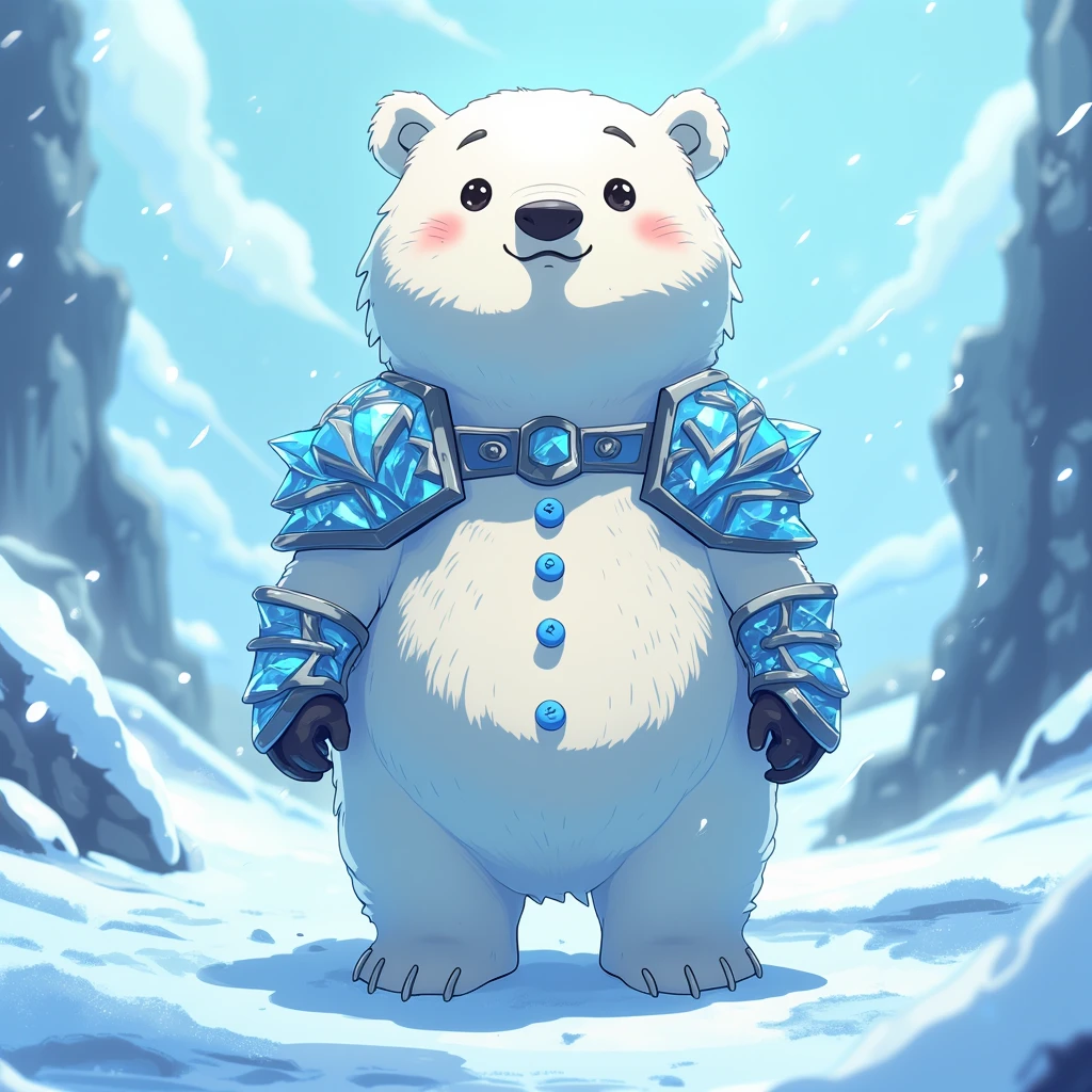 anime style, resembles an anthropomorphic polar bear. Its fur is white and it has little buttons on its stomach, like a snowman. It has spiky ice armor covering its neck and shoulders