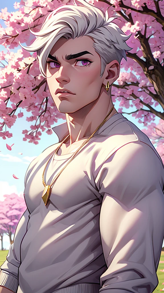  Anime character ,  white hair ,  pointy hair , pale skin,  purple eyes,  long white eyelashes , ((man)), muscle shirt,  small white earrings,  big shiny lips , cherry trees, gray eyebrows ,  puffed white sweater , gold necklace 