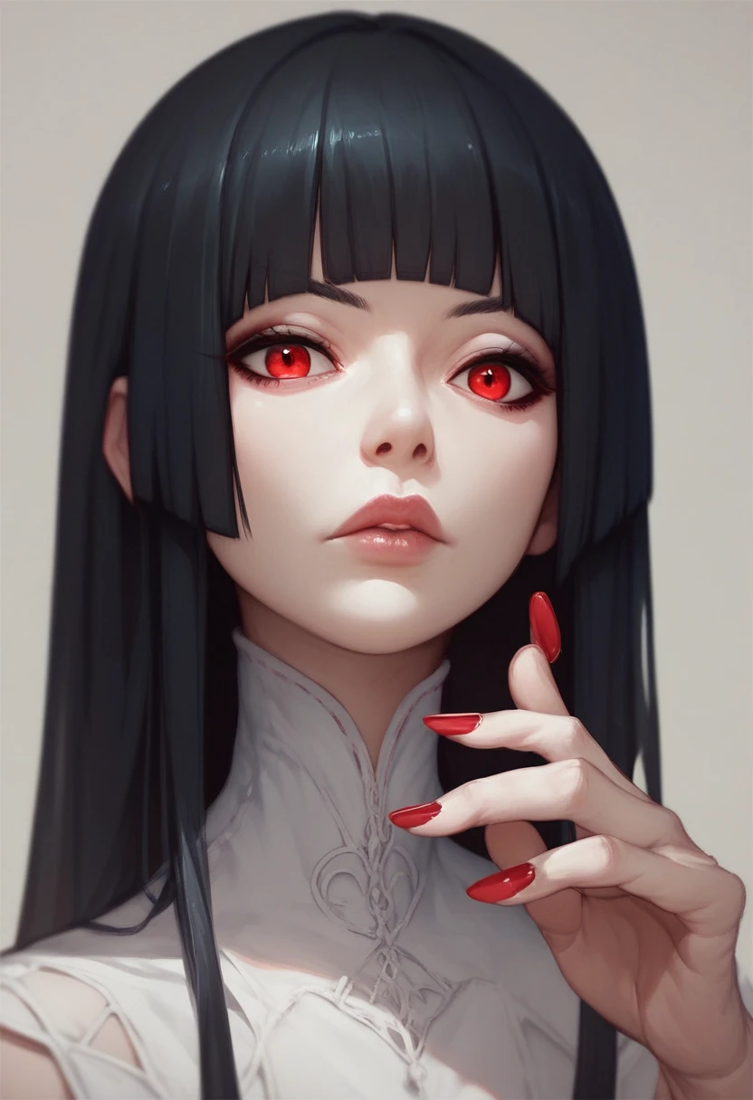 black hair,red eyes,bangs,lips,blunt bangs,hime cut,nail polish, red nails,
