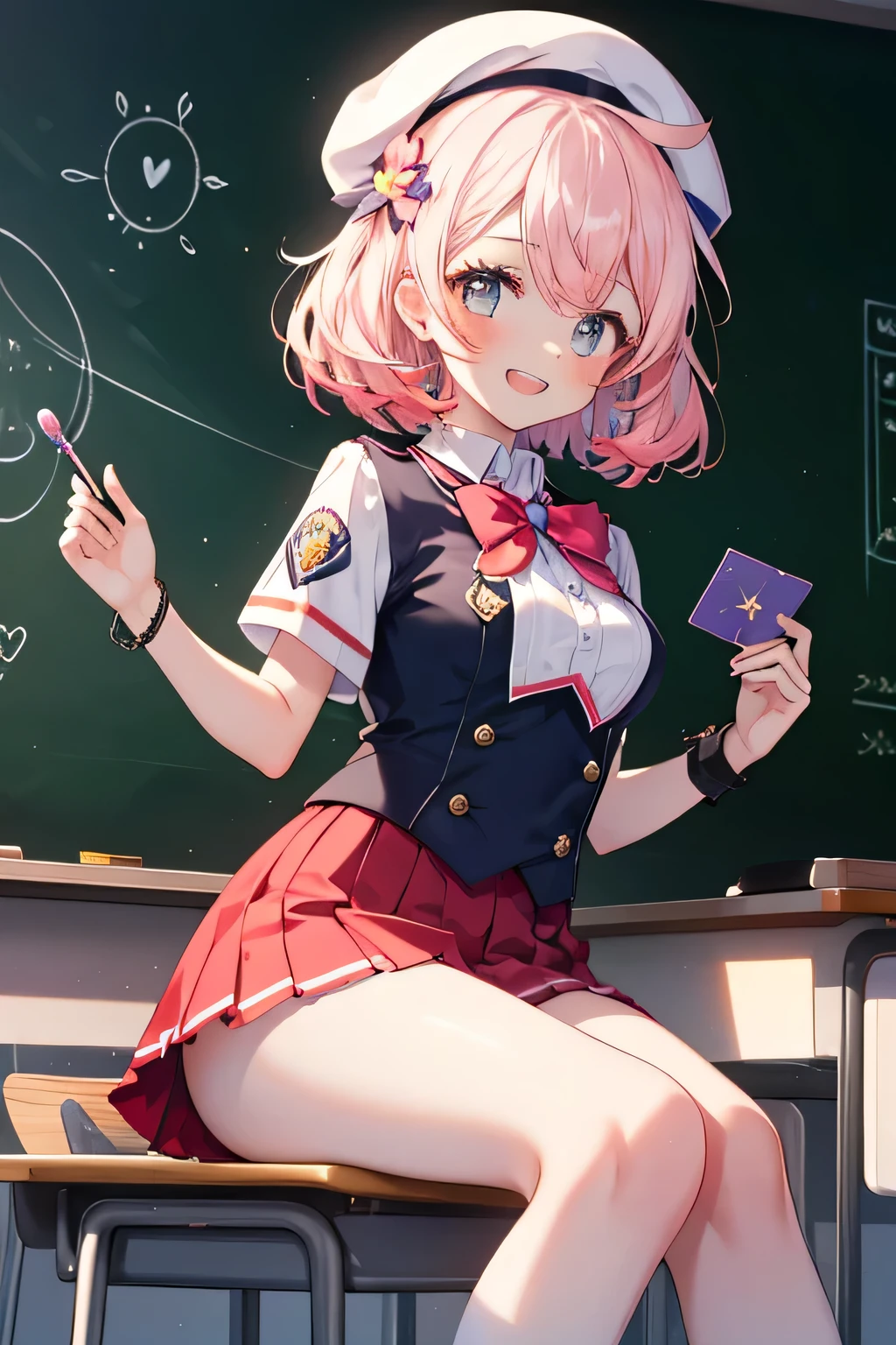 Girl smiling( showing teeth), fondo classroom, school fund(classroom), complete anatomy,  ornament of an accessory shaped like a flower on the head, graphic effects, first person, white beret,  summer school uniform , sitting, Reciting a poem , chalkboard(Big heart drawings, rainbow, Candys , Moons and little stars ), letter(BY Elandir),  pink flower