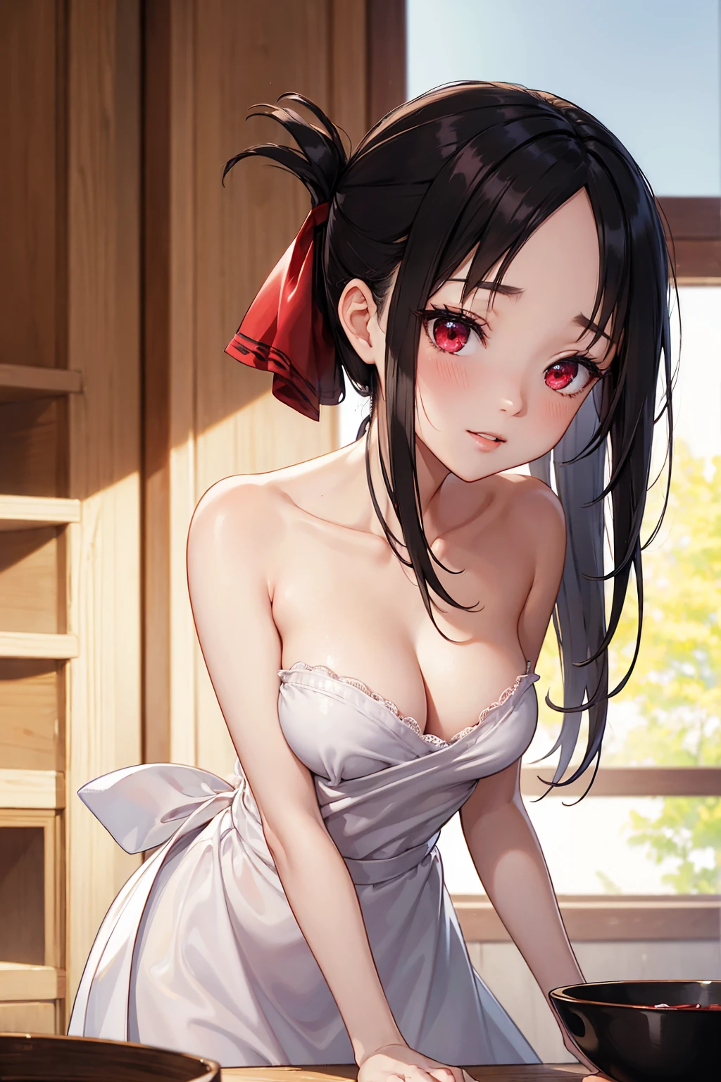 (((( masterpiece ,  The best quality,  high resolution)))), 1 girl,  black hair , red eyes, average breasts, blush, light smile,  half-open lips , glow, thighs,  bare shoulders , clavicle,  narrow waist , neckline, ( masterpiece ), ( beautiful detailed face,  beautiful detailed eyes ), (Naked Apron, kitchen,  the arms behind the back,), Kaguya Shinomiya,tied hair,Bow in the hair,very low cut