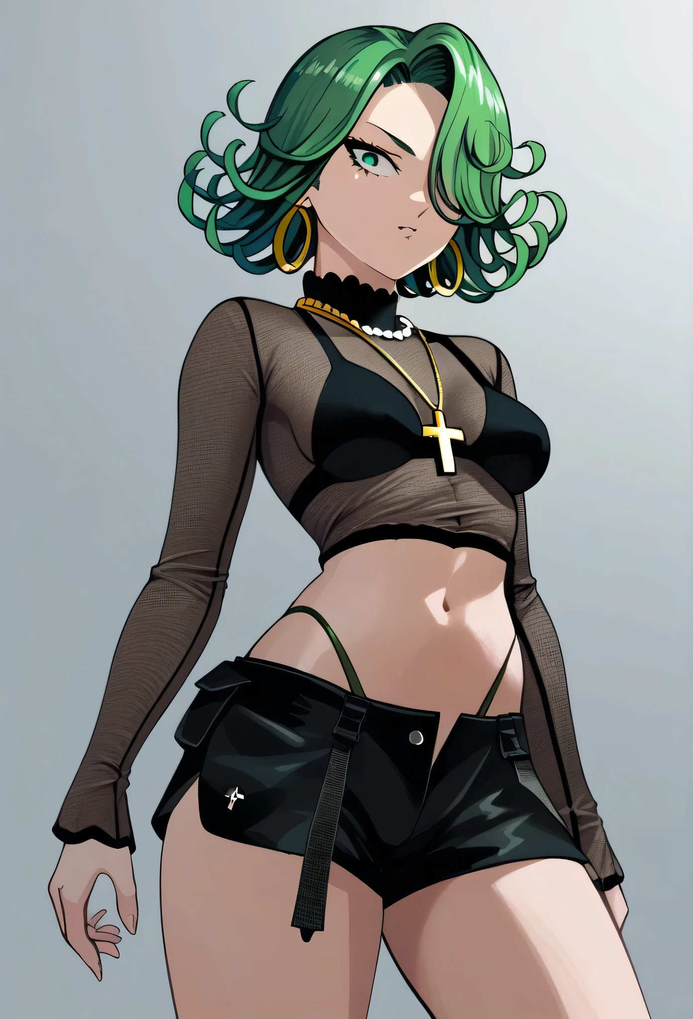 tatsumaki,green hair,green eyes, short hair,Wavy hair,medium breast , black bra, long sleeves, mesh crop top, shorts,black shorts,
highleg panties , earrings,hoop earrings,cross necklace,jewelry,poese.medium breasts
High Resolution, Masterpiece, High Quality,fourhead,
High Details, Super Detailed hair, Best Quality, Detail, High Details,(Hair Over One Eye, Straight Hair,) boa Hancock