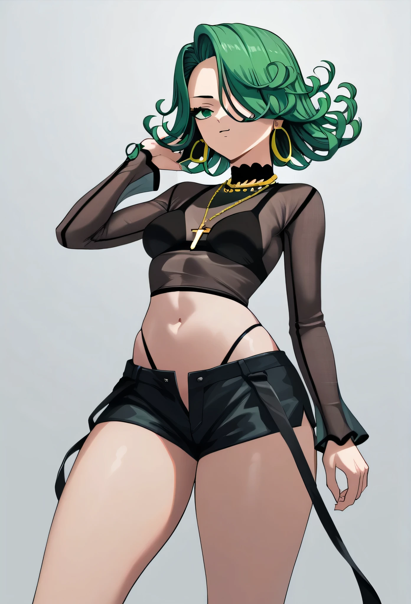 tatsumaki,green hair,green eyes, short hair,Wavy hair,medium breast , black bra, long sleeves, mesh crop top, shorts,black shorts,
highleg panties , earrings,hoop earrings,cross necklace,jewelry,poese.medium breasts
High Resolution, Masterpiece, High Quality,fourhead,
High Details, Super Detailed hair, Best Quality, Detail, High Details,(Hair Over One Eye, Straight Hair,) boa Hancock 