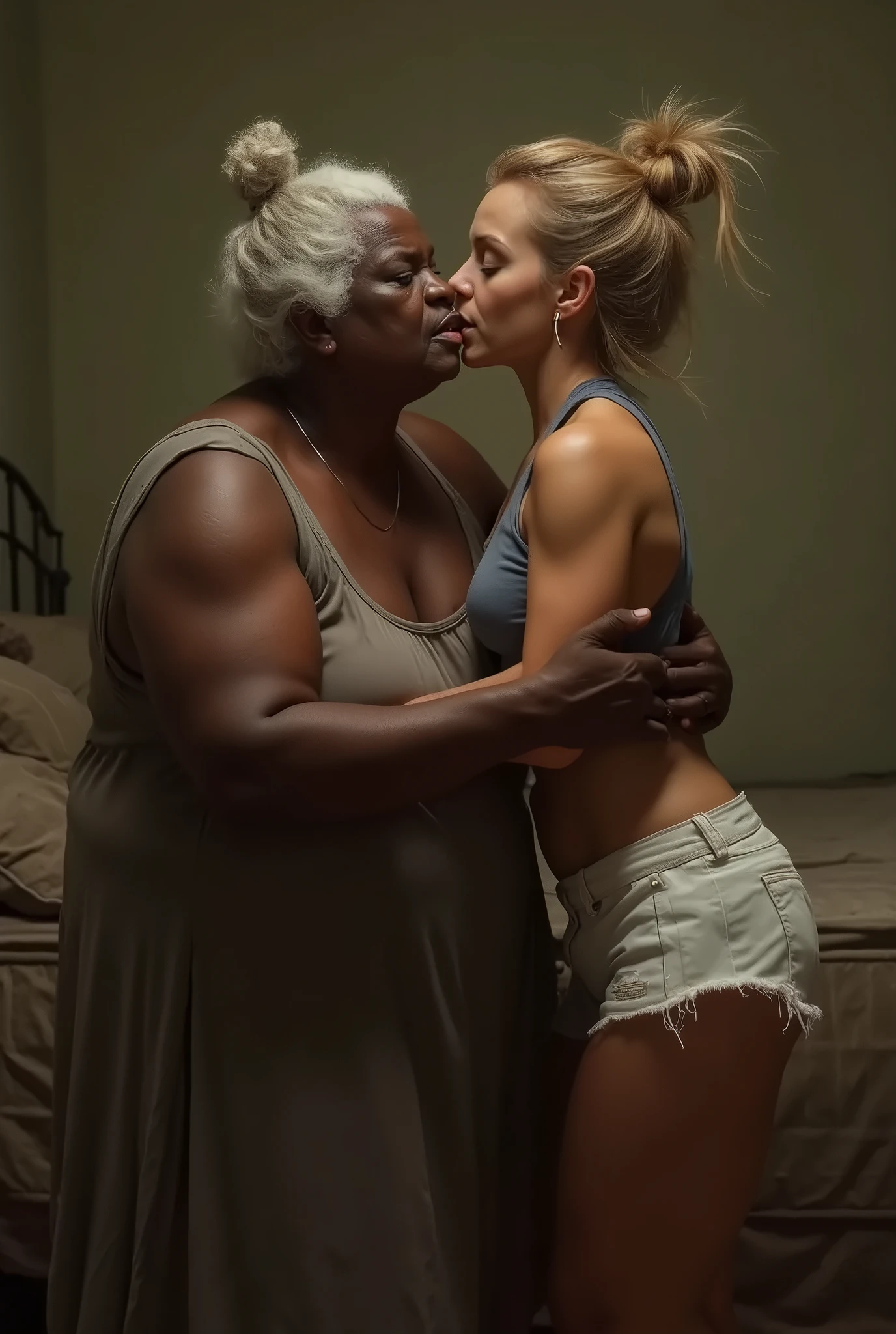 Create a realistic image of an elderly woman, 90 years old, obese, with black and dark skin, wearing a white shirt and black skirt and glasses, lifting the body of a 25-year-old woman from the ground by the waist and lifting it high into the air, with light white skin, blonde hair long, slim body, completely naked with her breasts exposed and wearing short denim shorts. the two are kissing