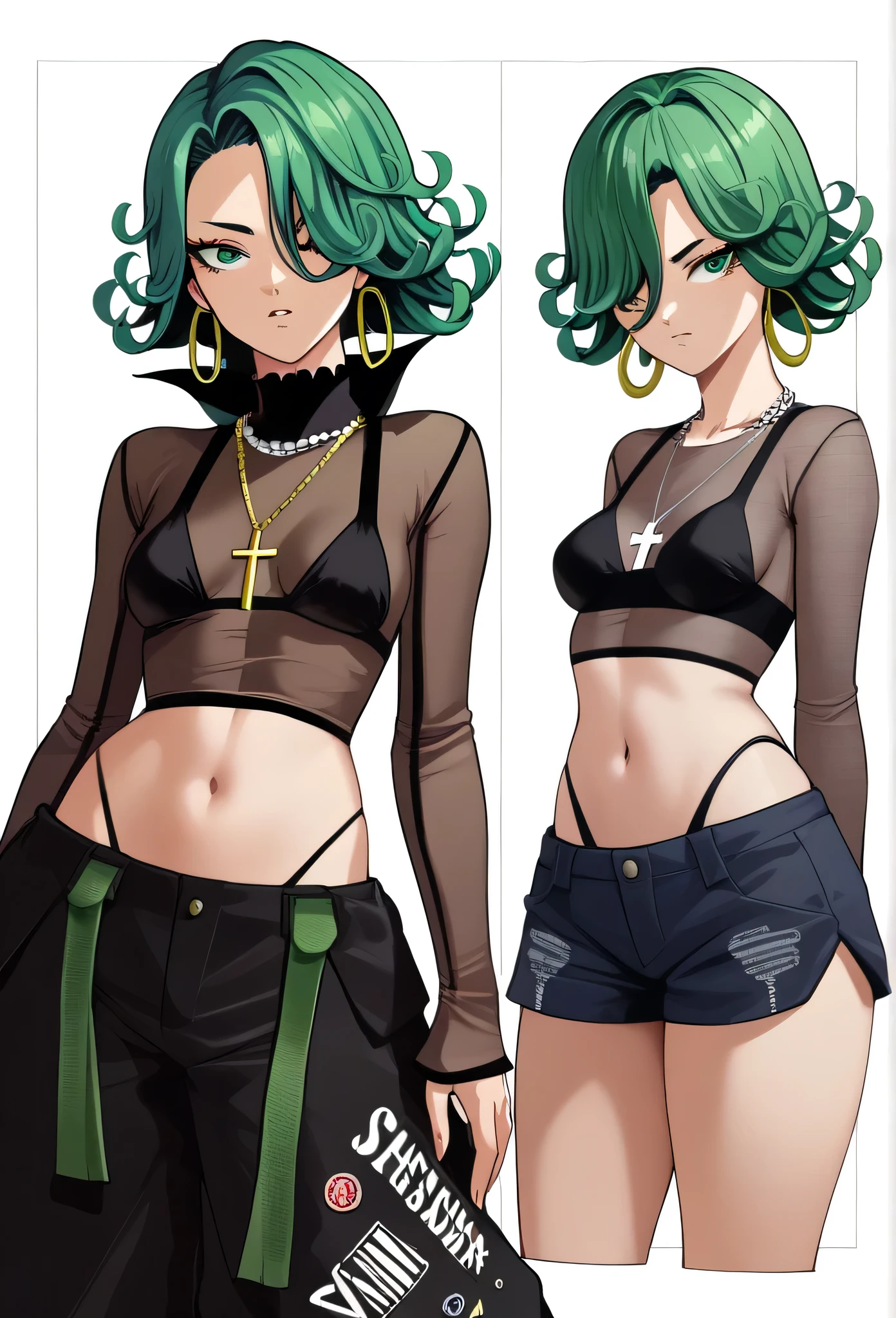 tatsumaki,green hair,green eyes, short hair,Wavy hair,medium breast , black bra, long sleeves, mesh crop top, shorts,black shorts,
highleg panties , earrings,hoop earrings,cross necklace,jewelry,poese.medium breasts
High Resolution, Masterpiece, High Quality,fourhead,
High Details, Super Detailed hair, Best Quality, Detail, High Details,(Hair Over One Eye, Straight Hair,) boa Hancock