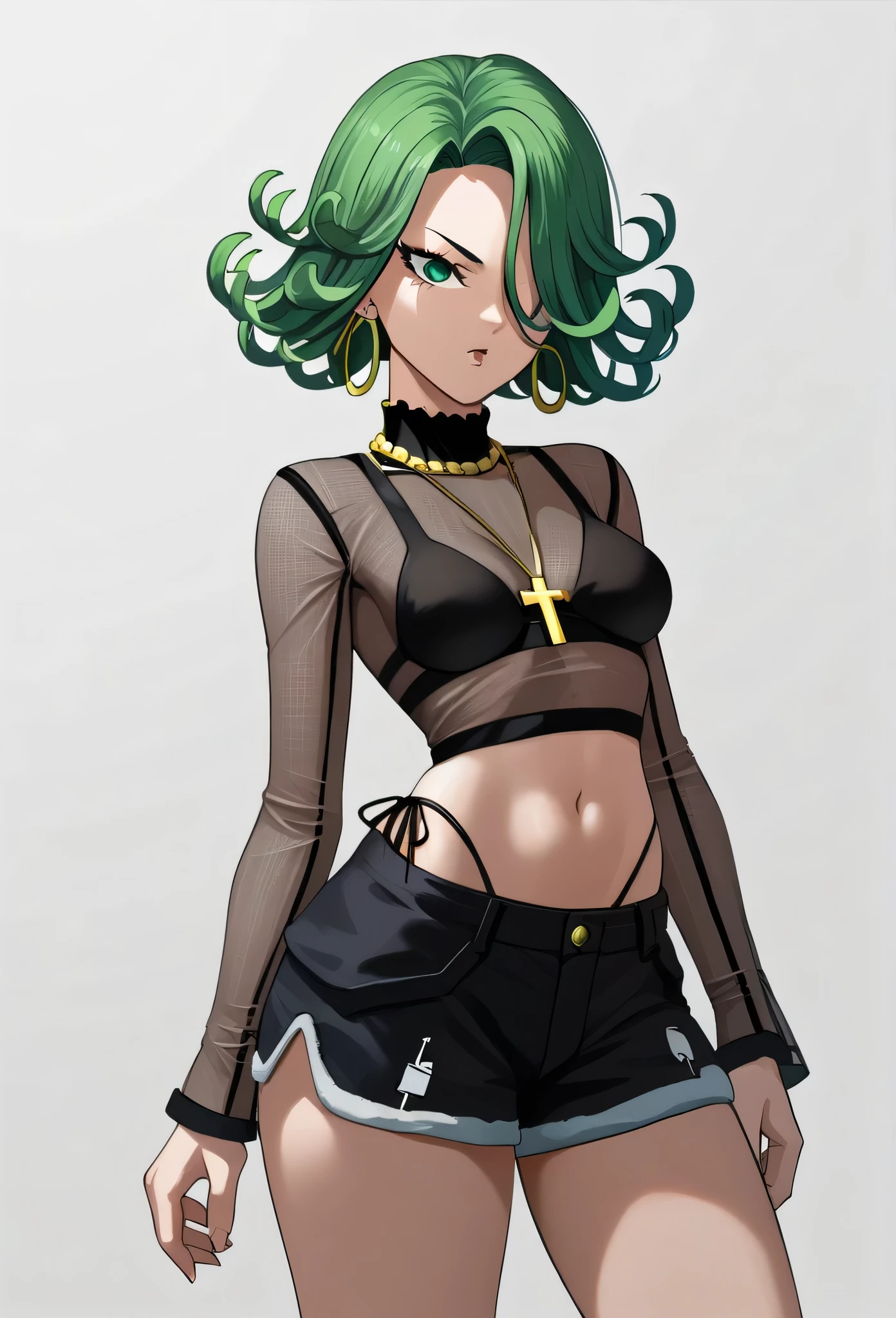 tatsumaki,green hair,green eyes, short hair,Wavy hair,medium breast , black bra, long sleeves, mesh crop top, shorts,black shorts,
highleg panties , earrings,hoop earrings,cross necklace,jewelry,poese.medium breasts
High Resolution, Masterpiece, High Quality,fourhead,
High Details, Super Detailed hair, Best Quality, Detail, High Details,(Hair Over One Eye, Straight Hair,) boa Hancock