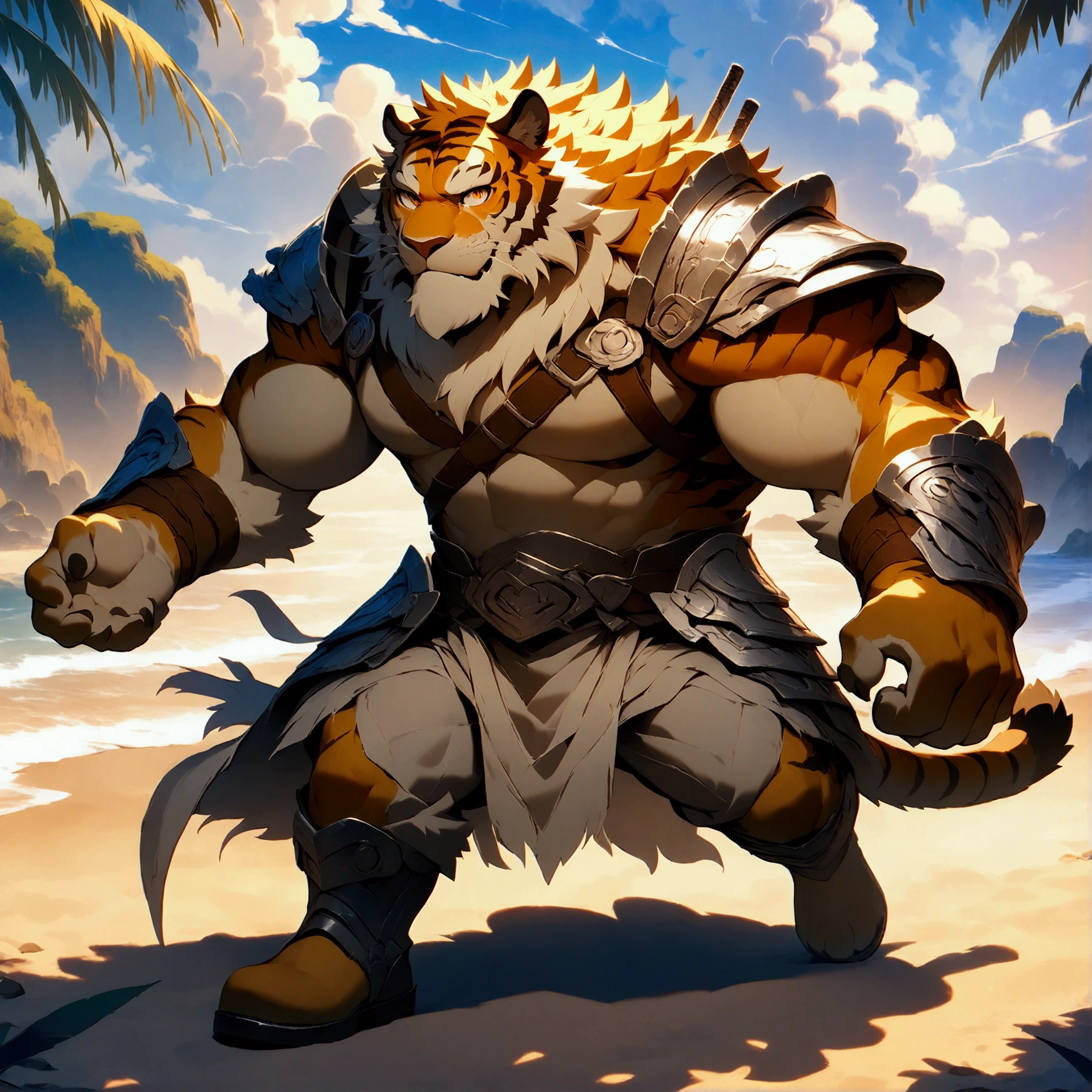 character focus, full body, looking away, various angle, european fantasy, a plump middle-aged tiger man, clothed, heroic costume, full armor, pants, dynamic pose, BREAK complete anatomy, perfect proportions, beautiful thigh gap, fluffy body, intricate fur details, beautiful fur texture, BREAK a detailed tiger tail, detailed boots, detailed foot, detailed hands, 5fingers, 5fingers nails, BREAK aesthetic anime face, insanity detailed face, male face, big face, square jawline, aesthetic anime eyes, detailed brown eyes, detailed brown cornea, detailed dark brown irises, detailed pupils, male eyes, big eyes, male eyebrows, innocent look, beautiful beard, BREAK full body in Michelangelo Buonarroti style, digital illustration anime, housamo style, detailed painting landscape, beach, path, outdoor, full color, HDR, BREAK masterpiece, official art, best quality, very aesthetic, absurdres, super fine illustration, great quality, BREAK noise reduction, very highres, large filesize, high quality, 32K, 8k wallpaper, dynamic lighting, BREAK insanity detailed, ultra detailed, intricate details, extremely detailed, detailed texture, an extremely delicate and beautiful, BREAK osukemo, e621 illustration, kemohomo, anthropomorphic, furry, cartoon, harmonious body, pastoral face, virtuous eyes, epic atmosphere