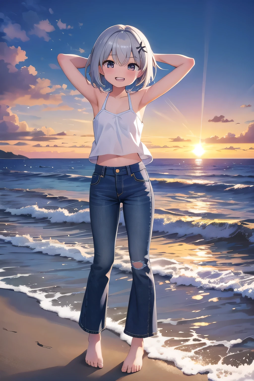 masterpiece,best quality,ultra detail,1girl, ****,petite,Laugh happily,background((summer, beach, in the ocean, beautiful sunset)),sunshine,cloud, beautiful silver short hair, hair ornament, x hair ornament,Raise your arms and bring them behind your head,White teeth, White tank Tops, half undressed, jeans pants, (flares jeans 1:1), blue jeans, standing sexual pose, orgasm,