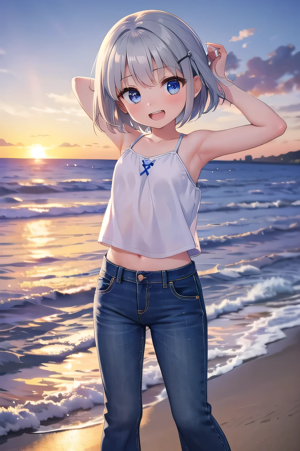 masterpiece,best quality,ultra detail,1girl, ****,petite,Laugh happily,background((summer, beach, in the ocean, beautiful sunset)),sunshine,cloud, beautiful silver short hair, hair ornament, x hair ornament,Raise your arms and bring them behind your head,White teeth, White tank Tops, half undressed, jeans pants, (flares jeans 1:1), blue jeans, standing sexual pose, orgasm,