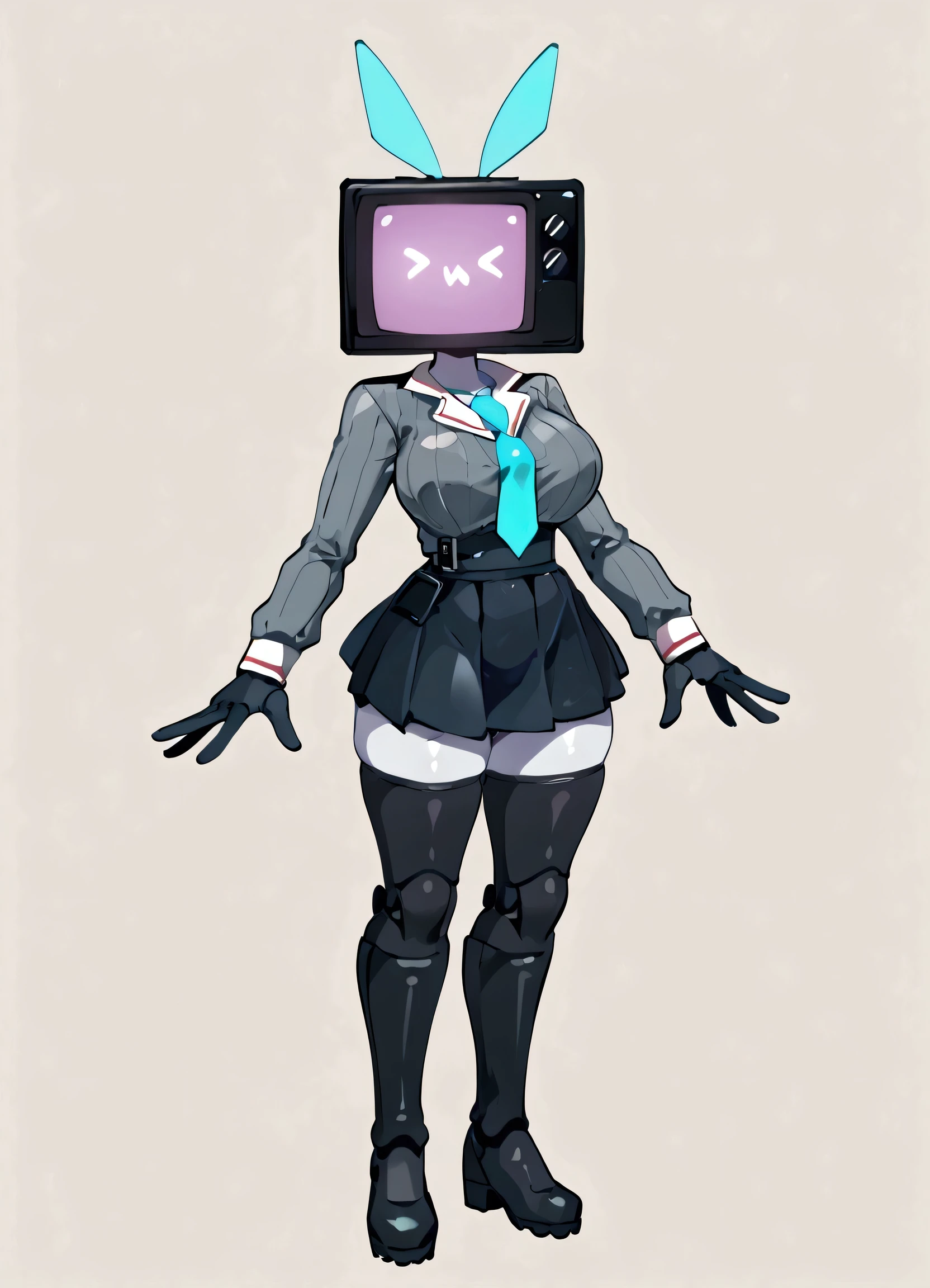 ((masterpiece, best quality)), (8k, best quality), (((best quality))), 1girl, full body, solo, white skin, humanoid Tv woman, TV head with a glowing purple screen, human body, hatsunemikucosplay, black gloves, robot girl, tvwoman, tv head, robot girl, tvwoman, tv head, score_9, score_8_up, score_7_up, score_6_up, score_5_up, score_4_up, ( anime_source ), TV head with a glowing purple screen, >w< expression, tight-fitting, athletic build, thick thighs, toned body, strong legs, defined hips, black and white jumpsuit with blue ballerinas, tight-fitting, TV head, sexy, dynamic pose, standing, curvy body, huge breasts, thick thighs, wide hips, good waist, single, big breasts, thick thighs, good waist, wide hips, good quality, sexy, robot girl, tvwoman, hatsunemikucosplay, aqua necktie, black footwear, black skirt, black sleeves, boots, collared shirt, detached sleeves, grey shirt, necktie, pleated skirt, sleeveless shirt, thigh boots, tie clip, 