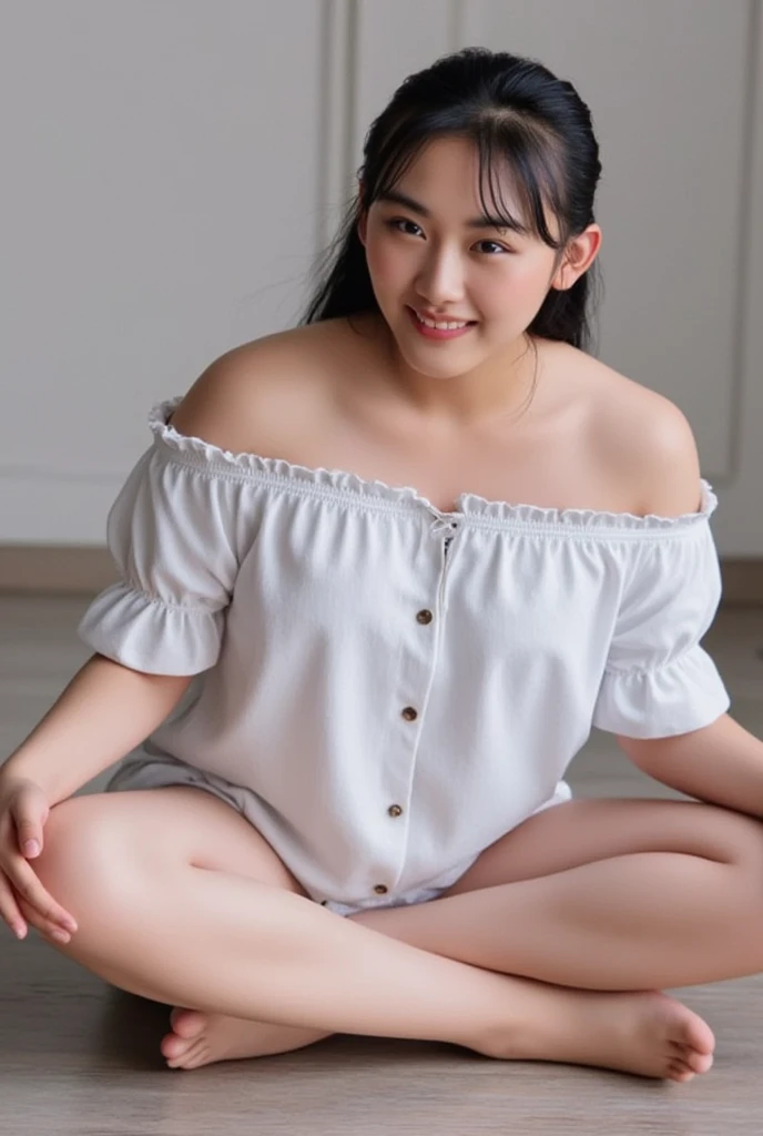 Full body shot from the front、Wear off-the-shoulder mini one-piece pajamas, bend your knees, spread your legs, take a cross-legged pose, and sit while looking at me, Slender bare legs 、smile、The background is a monotone 

