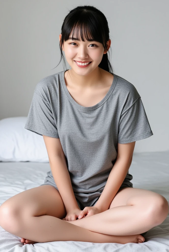 Full body shot from the front、Wear off-the-shoulder mini one-piece pajamas, bend your knees, spread your legs, take a cross-legged pose, and sit while looking at me, Slender bare legs 、smile、The background is a monotone 

